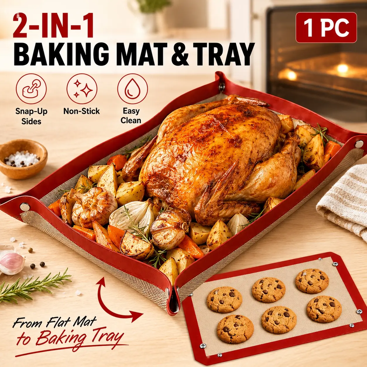 1PC Silicone Baking Mat with Metal Snap Buttons, 2-in-1 Nonstick Baking Mat & Roasting Tray with Snap-Up Edges for Cookies, Chicken, Vegetables & Oven Baking Baking Tools