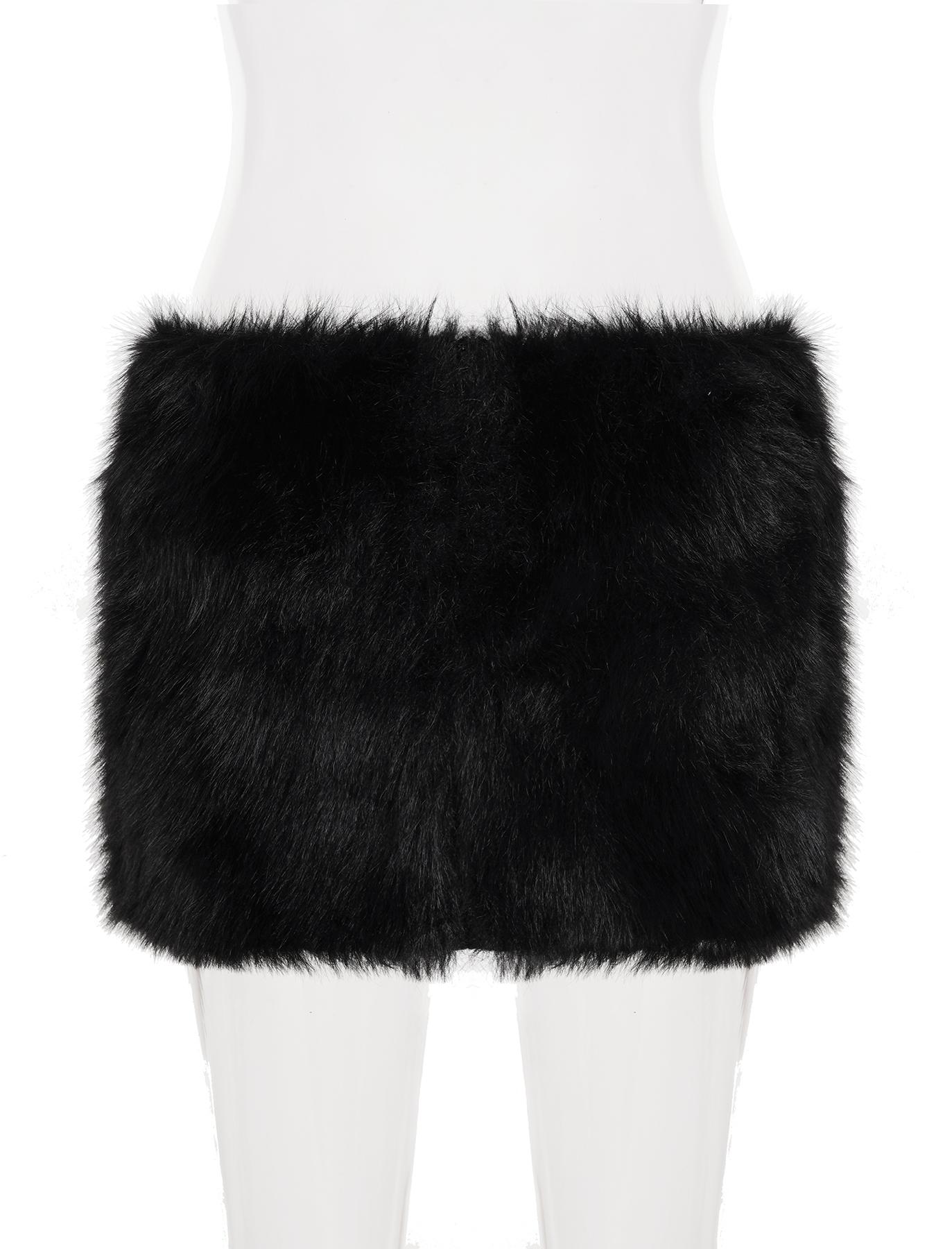 Fashion Street Style Plain Color Faux Fur Low Waist Sexy Mini Skirt, Casual Fashion Skirt, Autumn Winter Slim Fit Bodycon Short Dress, Vintage Hot for Nightclubs Bars
