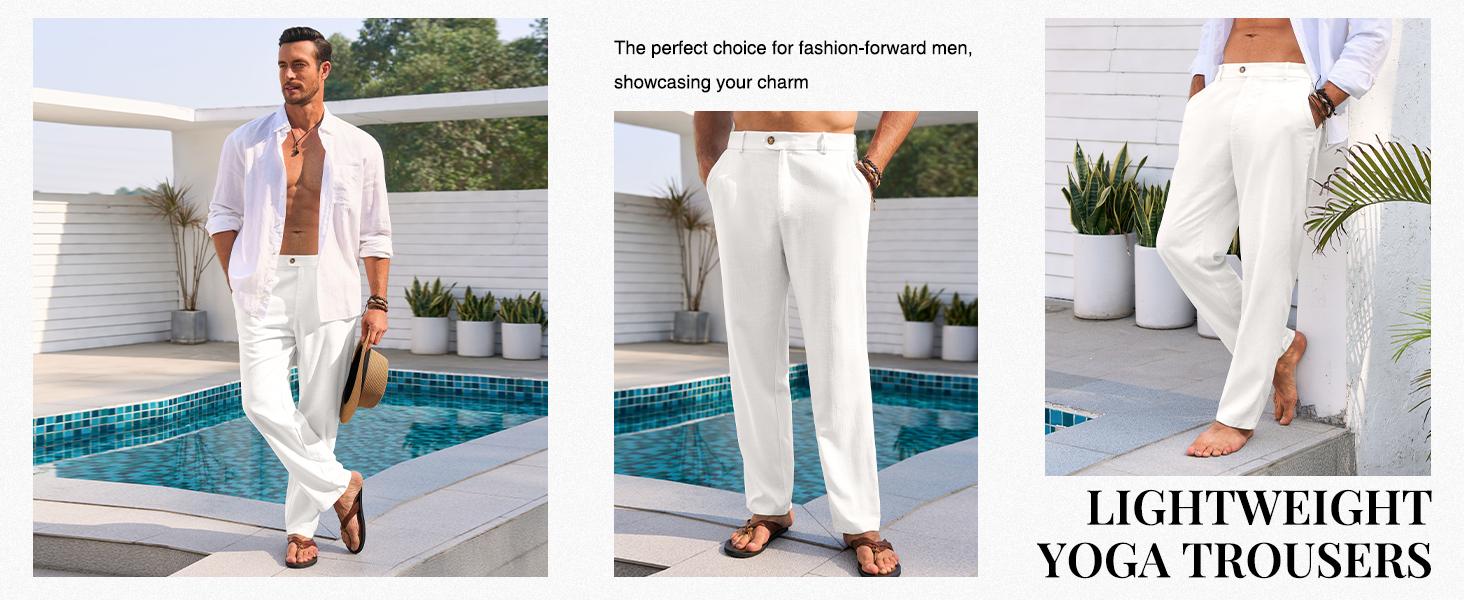 Runcati Mens Casual Pants Elastic Waist Linen Lightweight Straight-Legs Loose Fit Summer Beach Yoga Trousers Runcati Mens Casual Pants Elastic Waist Linen Lightweight Straight-Legs Loose Fit Summer Beach Yoga Trousers