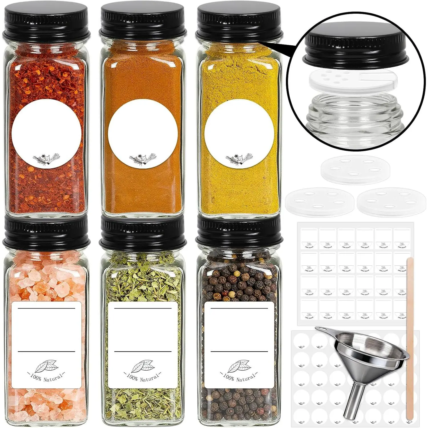 6 Pack Glass  Jars with Labels, 4oz  Containers with Black  | Includes 60 Labels, Metal Funnel, Extra Shaker  & Stirring Stick for Kitchen Seasoning Organization