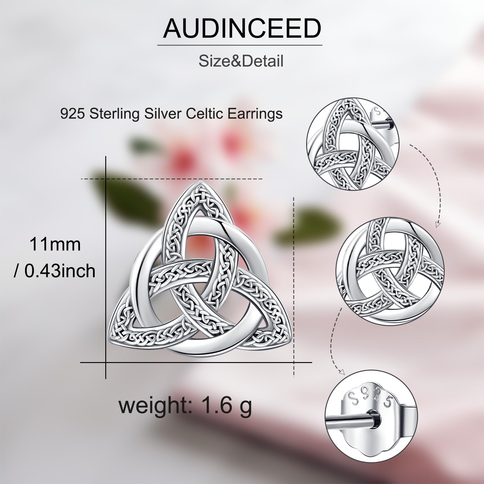 DRINSPER 925 Sterling Silver Celtic Knot Stud Earrings for Women Men for Pagan, Trinity Knot Earrings, Triangle Design