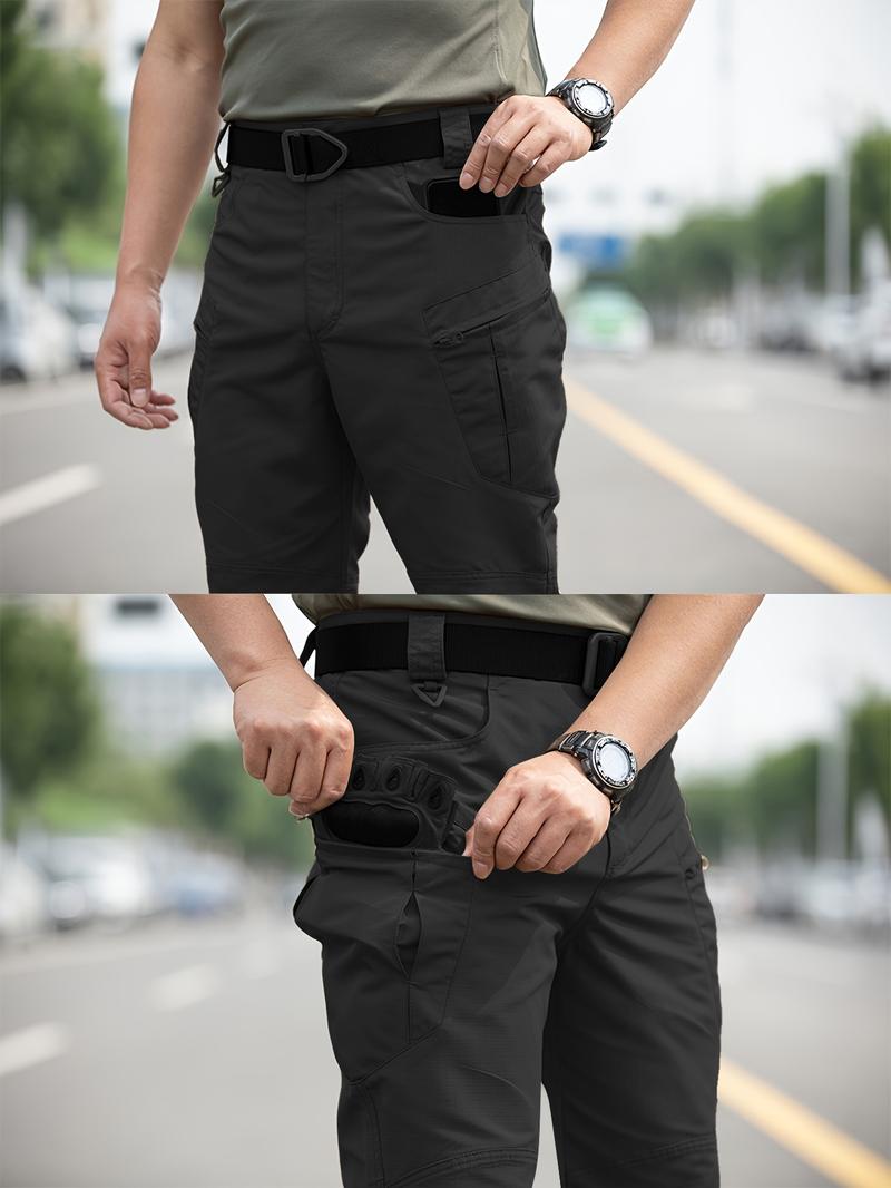 Men's Tactical Work Pants with Zipper Pockets, Plain Design, Durable Fabric, Casual Outdoor Hiking & Construction, Adjustable Waist