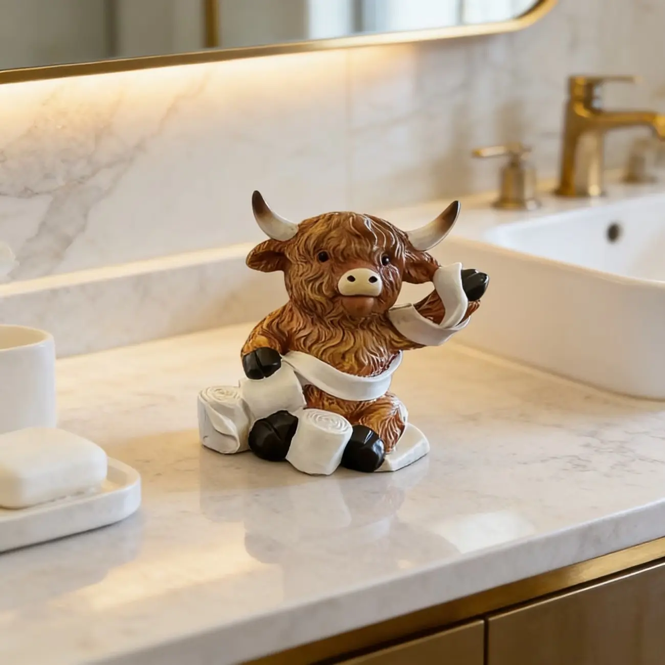1pc Highland Cow Bathroom Decor Ornaments - Resin Sculptures, Resin Animal Figurines, Farmhouse Cow Statues for Bathroom Countertop, Cute Cow Collectible Figurine for Toilet Shelf, Farmhouse Bathroom Additions, Figurines Decor, Gifts for Women