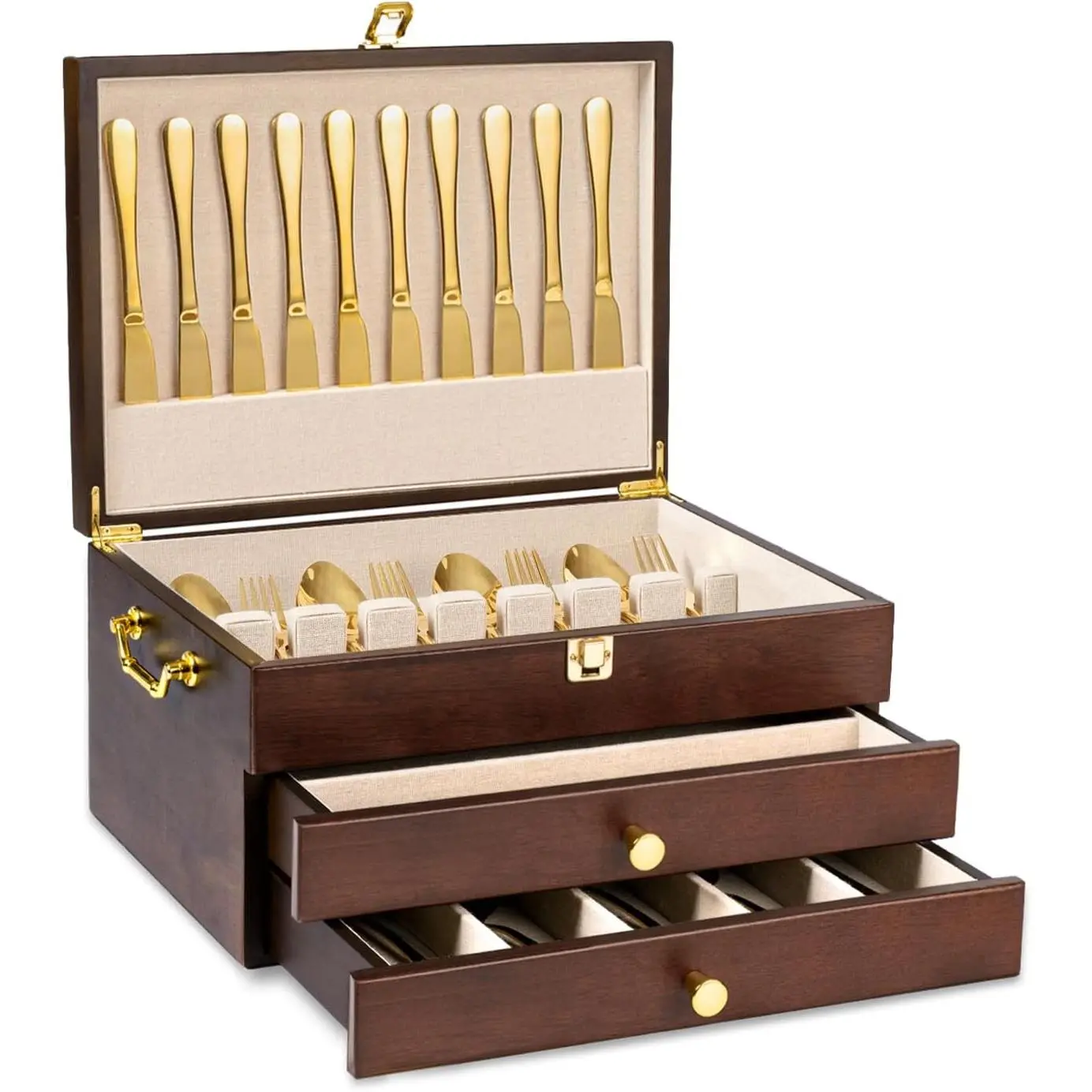 3-Layer Wooden Flatware Storage Chest with Drawer, Handle and Linen Liner, Rustic Silverware Organizer Case for Utensils, Walnut