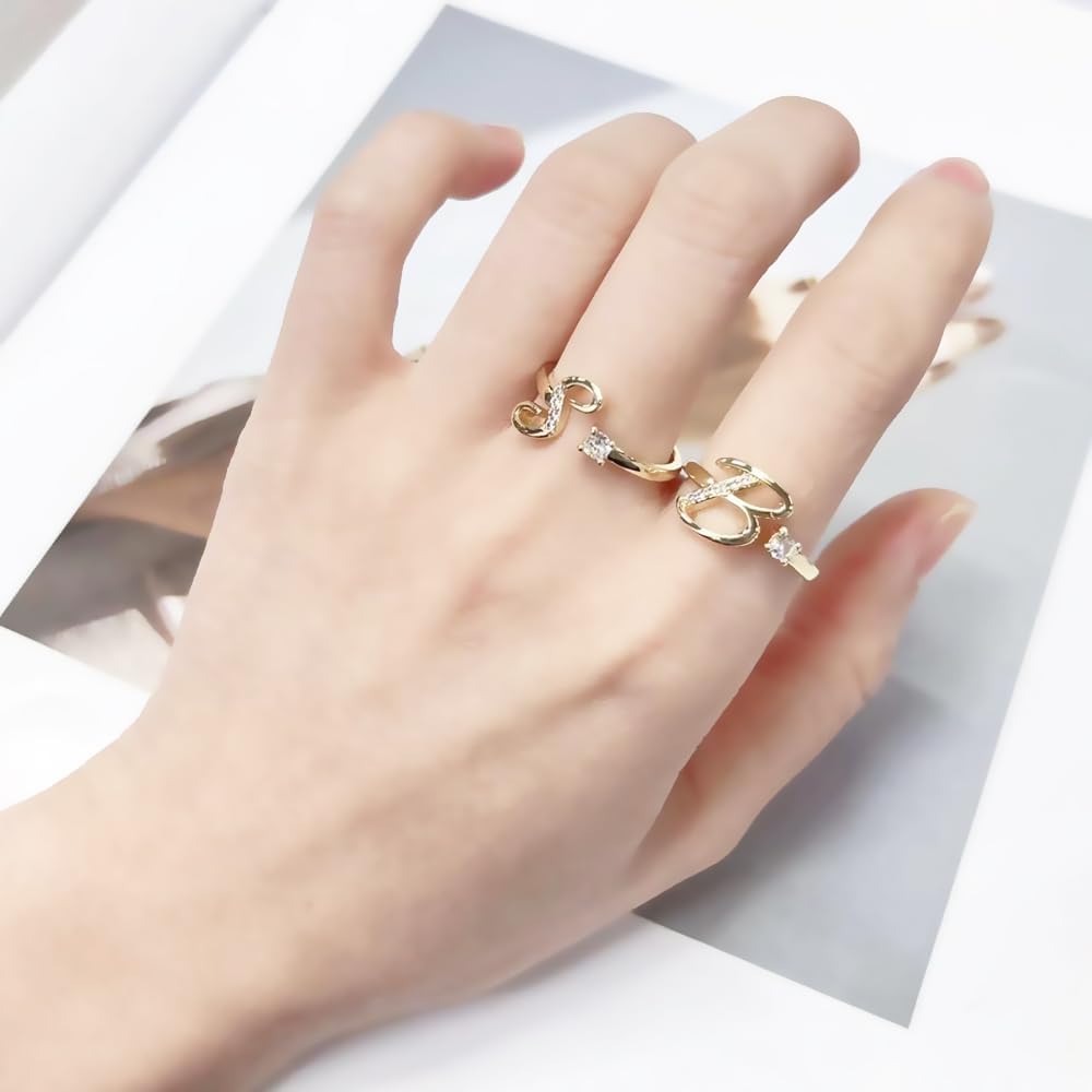 Adjustable 14K Gold Plated Initial Letter Rings for Women - Letters A-Z