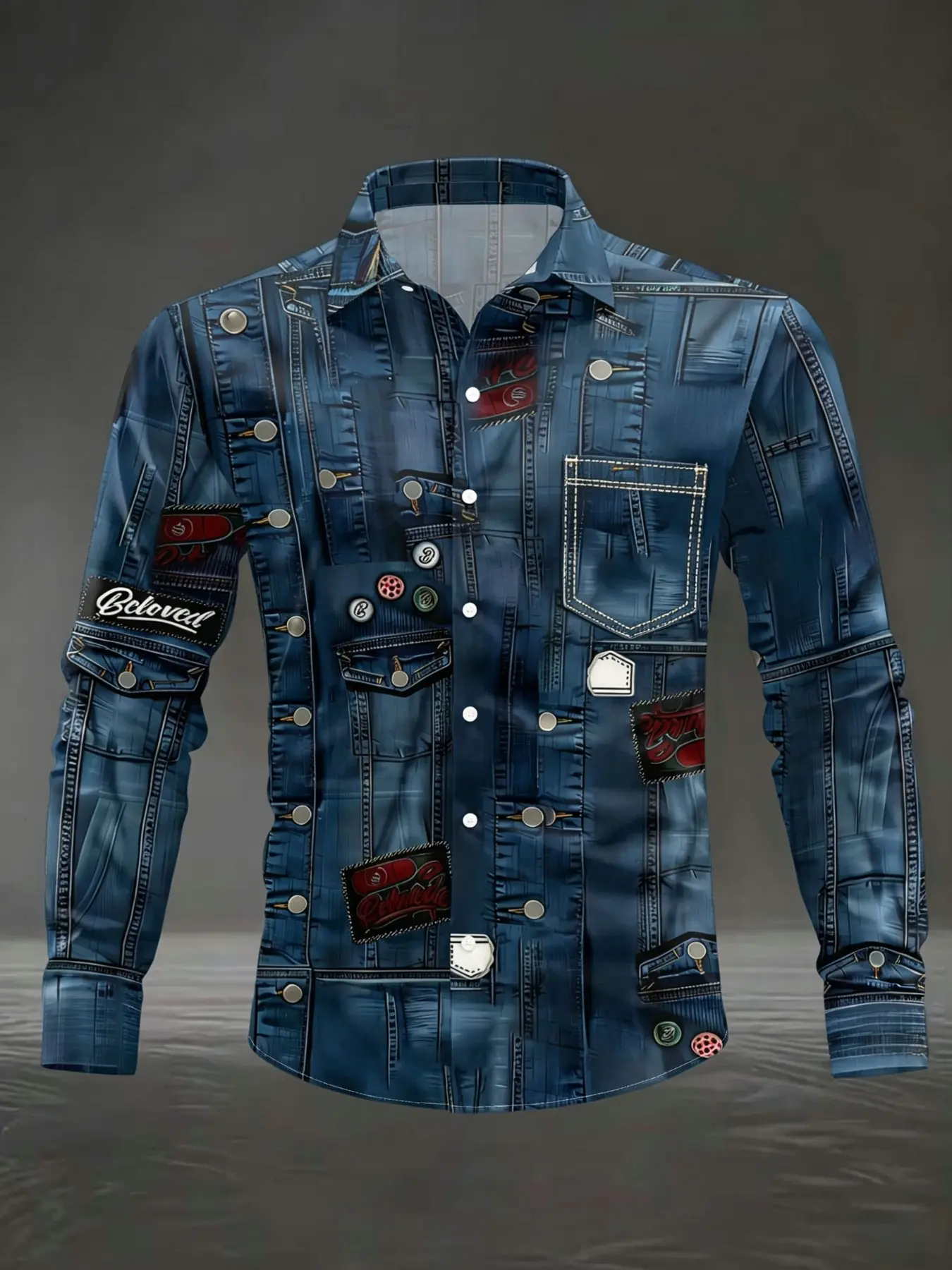 Men's Long Sleeve 3D Print Fake Denim Patch Shirt, Visual Illusion Blue Denim Badge Pattern, Casual Streetwear, Comfortable Breathable Fabric, Streetwear Shirts