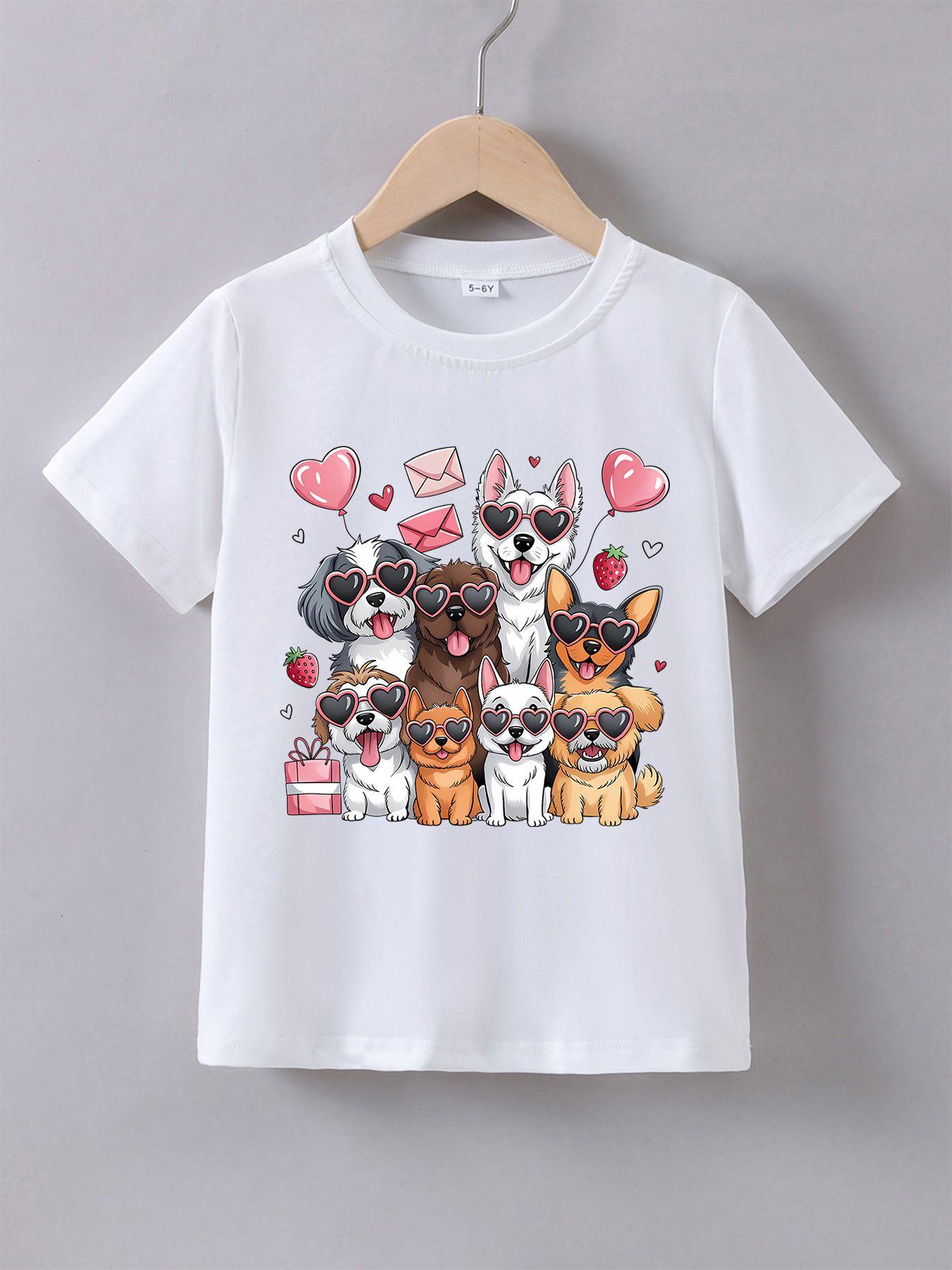 Children's summer comfortable "Cute Puppy Image" pattern, outdoor casual sports - girls' cartoon printed T-shirt