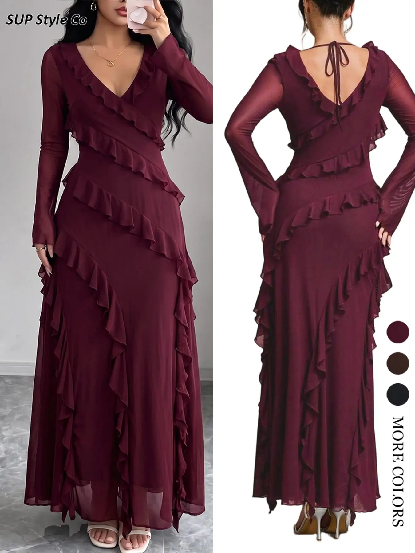 Deep V Ruffle Mesh Long Sleeve Dress for Women, Vintage Elegant Style, Perfect for Fall Winter Evening Parties and Events