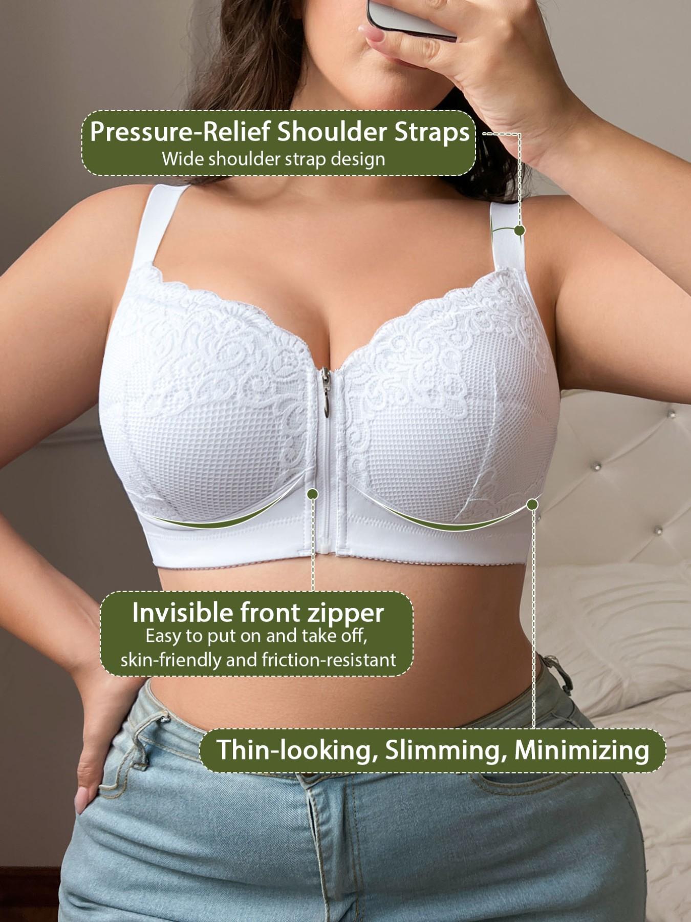 Women's Plus Size Front-Zip Wireless Push-Up Bra - Hidden Zipper, Floral, Elegant, Feminine, Chic, Wide Adjustable Straps, Comfort Breathable, Slim Shaping Silhouette | Valentine's Day Gift, Bridal & Everyday Wear