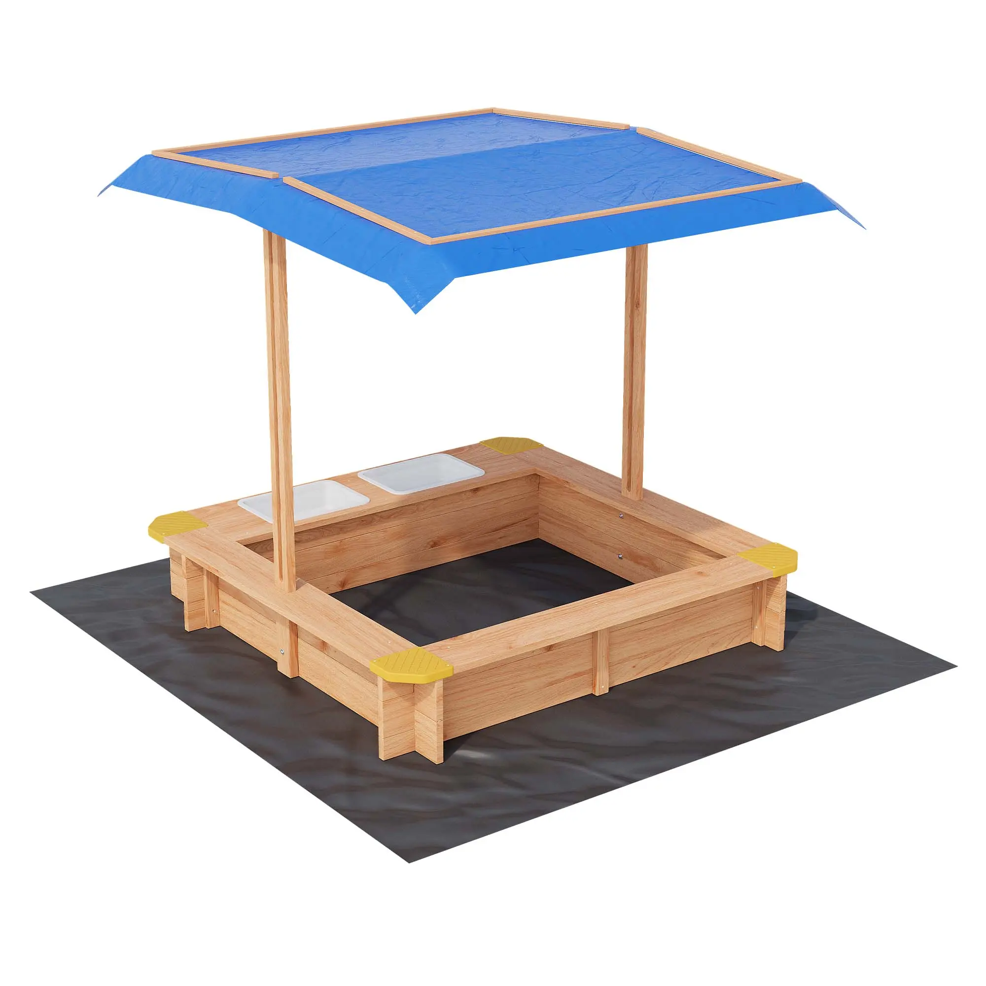 Wooden Sandbox with 2 Plastic Boxes, Outdoor Sand Box with Adjustable Canopy, Bottom Liner, Anti-Collision Design for Ages 3-8, Spacious Kids Sand Pit for Beach, Patio, Backyard(39x39inch)