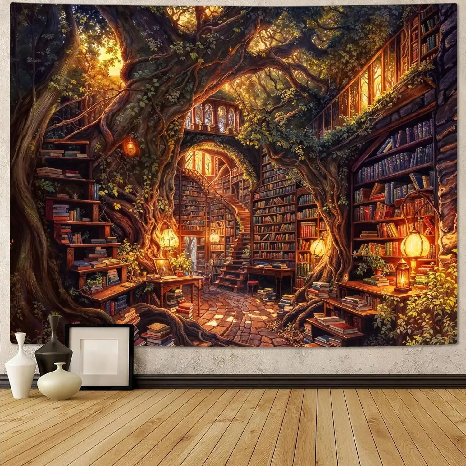 Magical Forest Scene Tapestry - Detailed Artwork Wall Decor, Dark Academia Library Bookshelf Wall Art, Ideal for Bedroom, Gift for Book Lovers