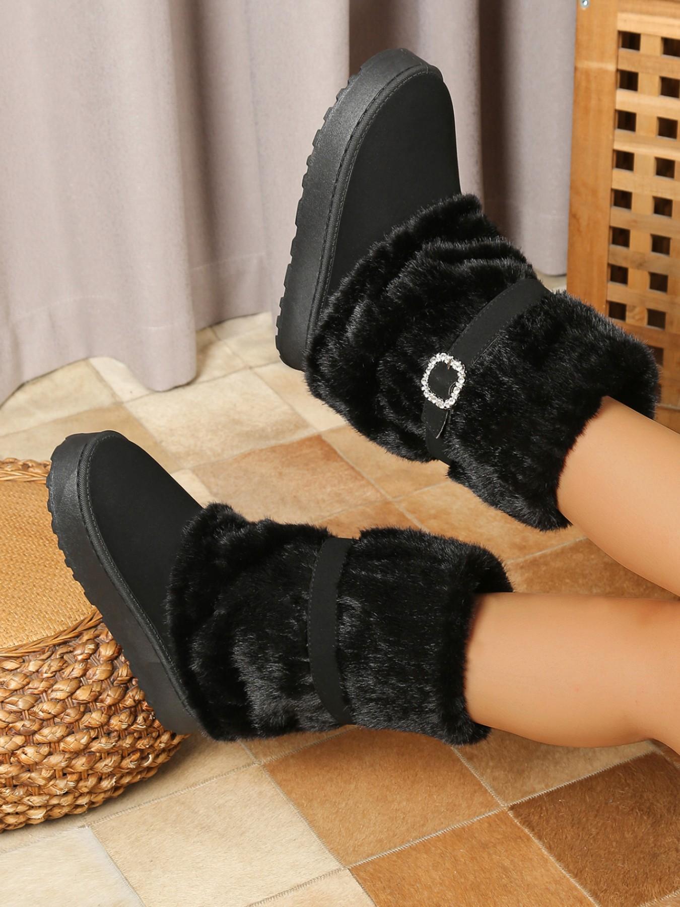 Women's Plush Mid-Calf Snow Boots, Rhinestone Buckle, Easy-On Design, Thick Lining, Rubber Sole, Round Toe, Winter Fashion