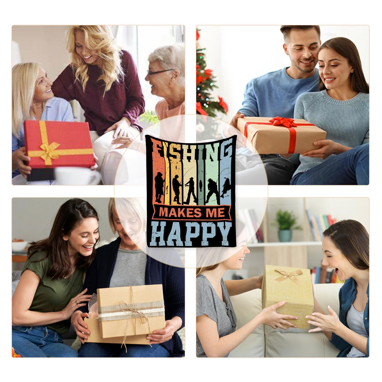 Flannel Fishing Enthusiast Blanket – FISHING MAKES ME HAPPY Design, Oversized Soft Throw for Outdoor Travel & Camping, Tear-Resistant, All-Season Comfort, Perfect Gift for Fishermen