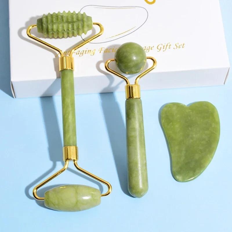 Natural Jade Roller Massager Beauty Tool Self Care Tools Skin Care Tools Facial Care Tools for Face Body Back Foot Massage Roller Facial Liftting Anti-wrinkle Double-end Gua Sha Jade Stone