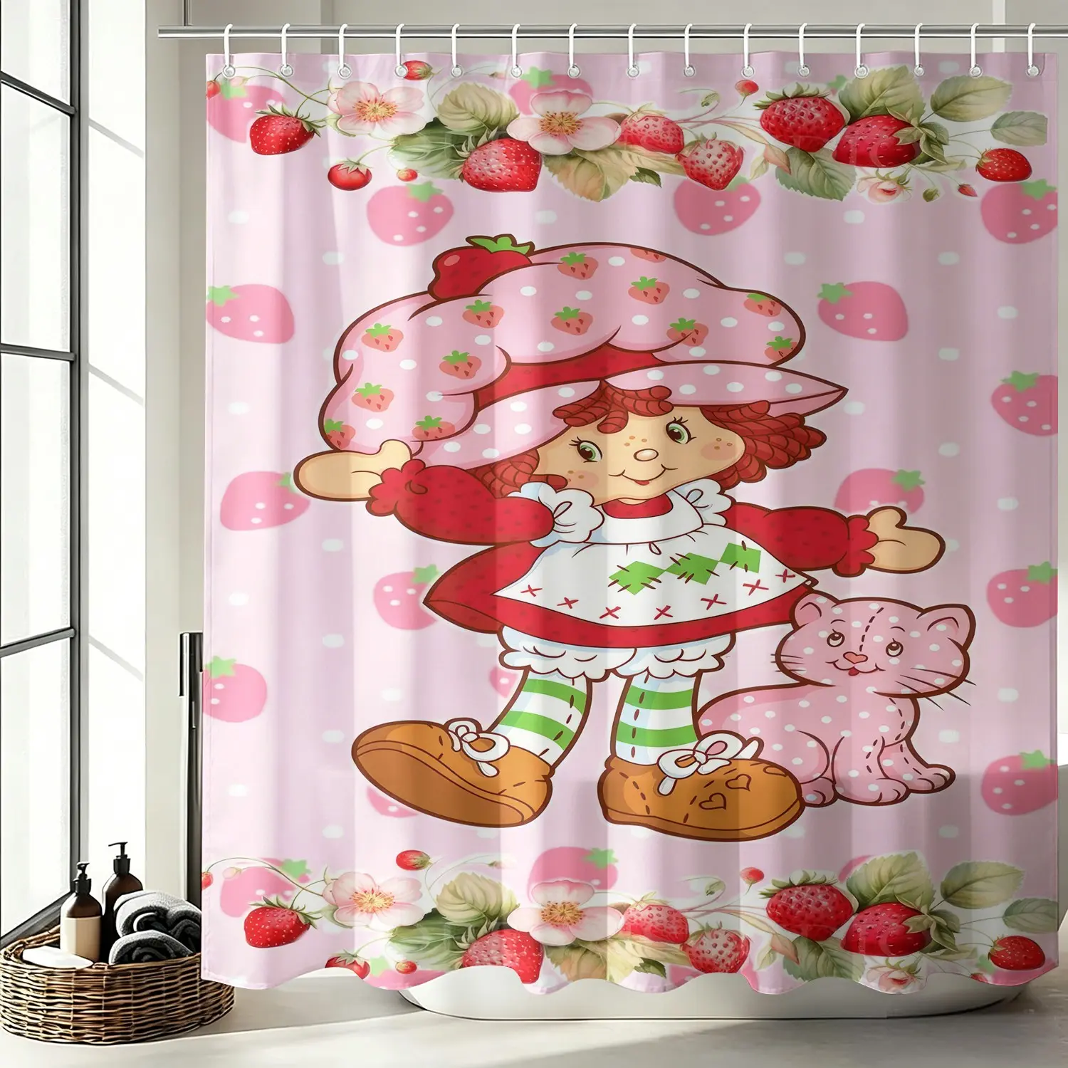 Cartoon Girl Strawberry Pattern Shower Curtain, Waterproof, Complete with Quick Install Hanging Hooks, Cartoon Girly Fruit Themed Decor Shower Curtain, for Lovely Cartoon Bathroom Vibe
