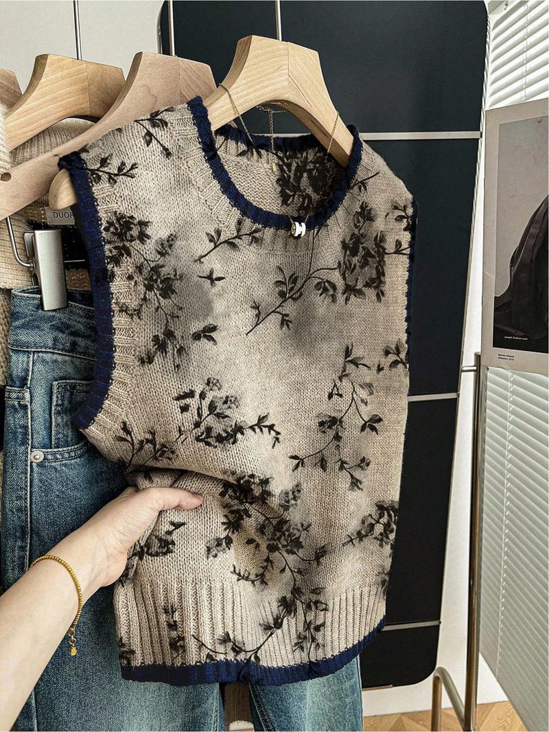 One piece + Women's spring/summer elegant-artistic loose-fit round-neck sleeveless knit top. Deep blue contrast trim + ink-wash painting print. Perfect for refined school days - layer with a vest or wear it solo!