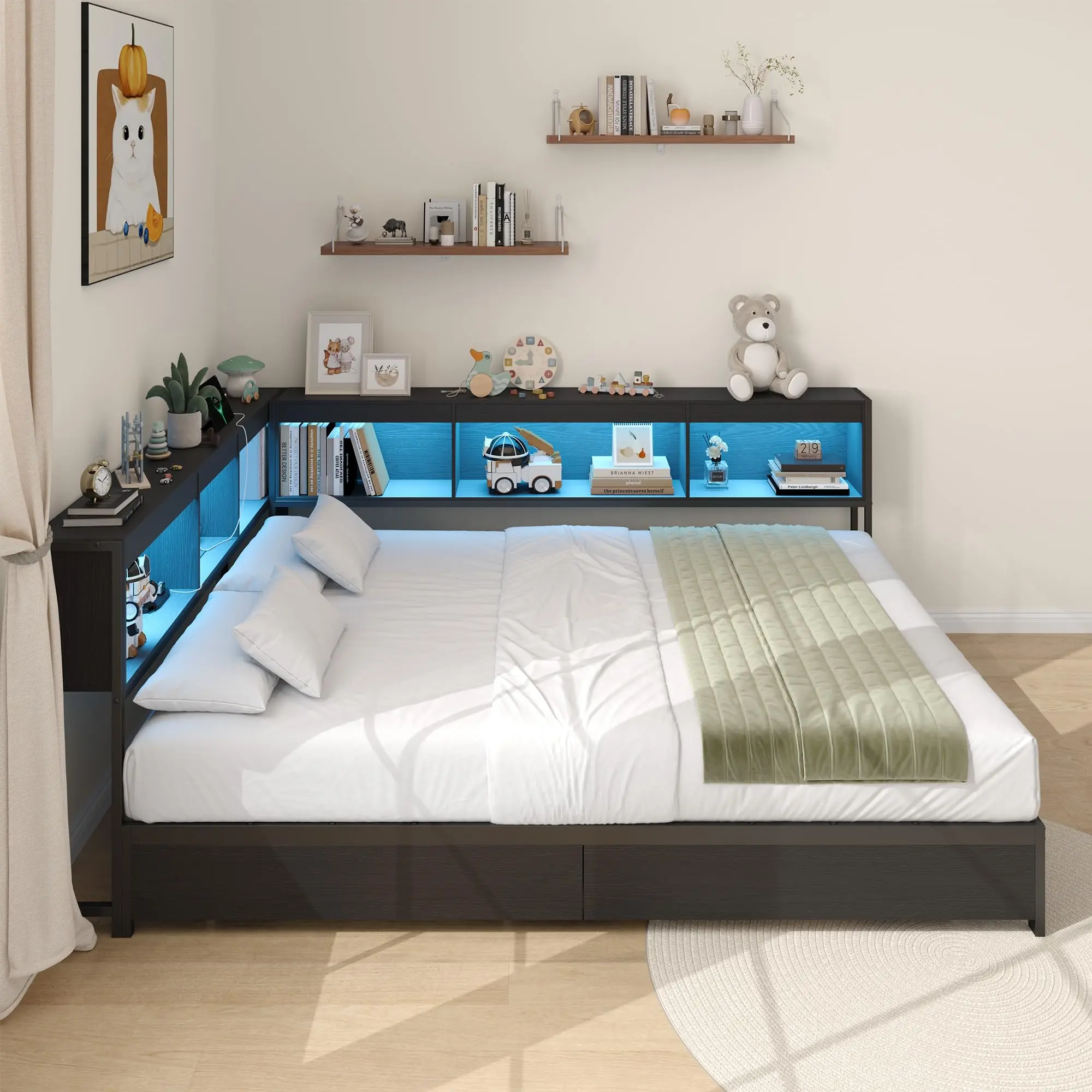 Garvee L-Shaped Corner Twin Bed Frame with Bookcase Headboard, RGB Lights, Charging Station, 2 Storage Drawers - Reversible Left/Right, Space-Saving for Kids - Blackboard + Black Tube, Corner Bed