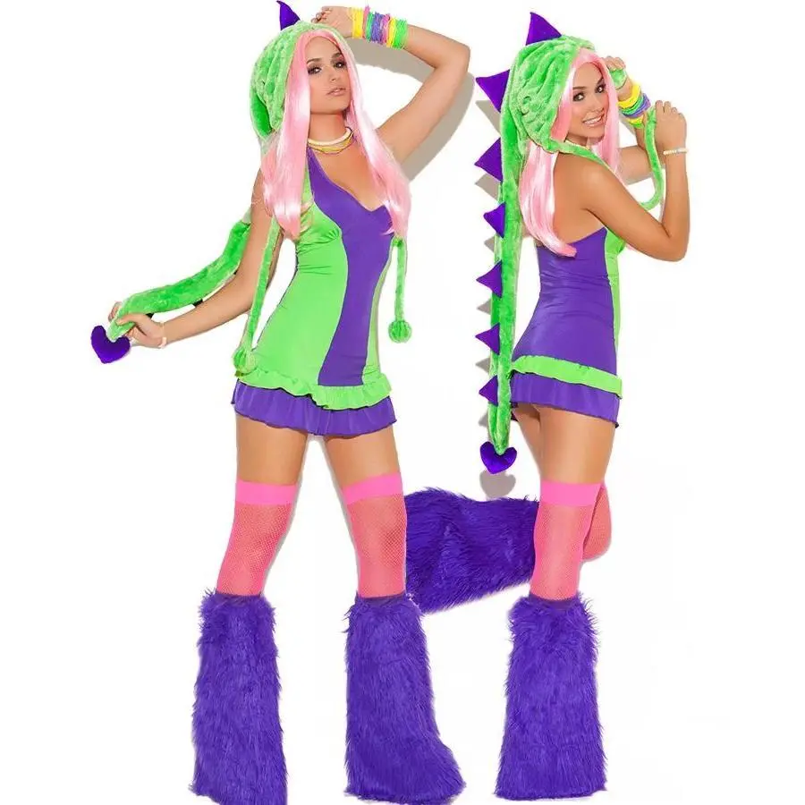 Adult female sexy and cute green caterpillar frog Halloween party fox costume animal role-playing costume and big tail costume