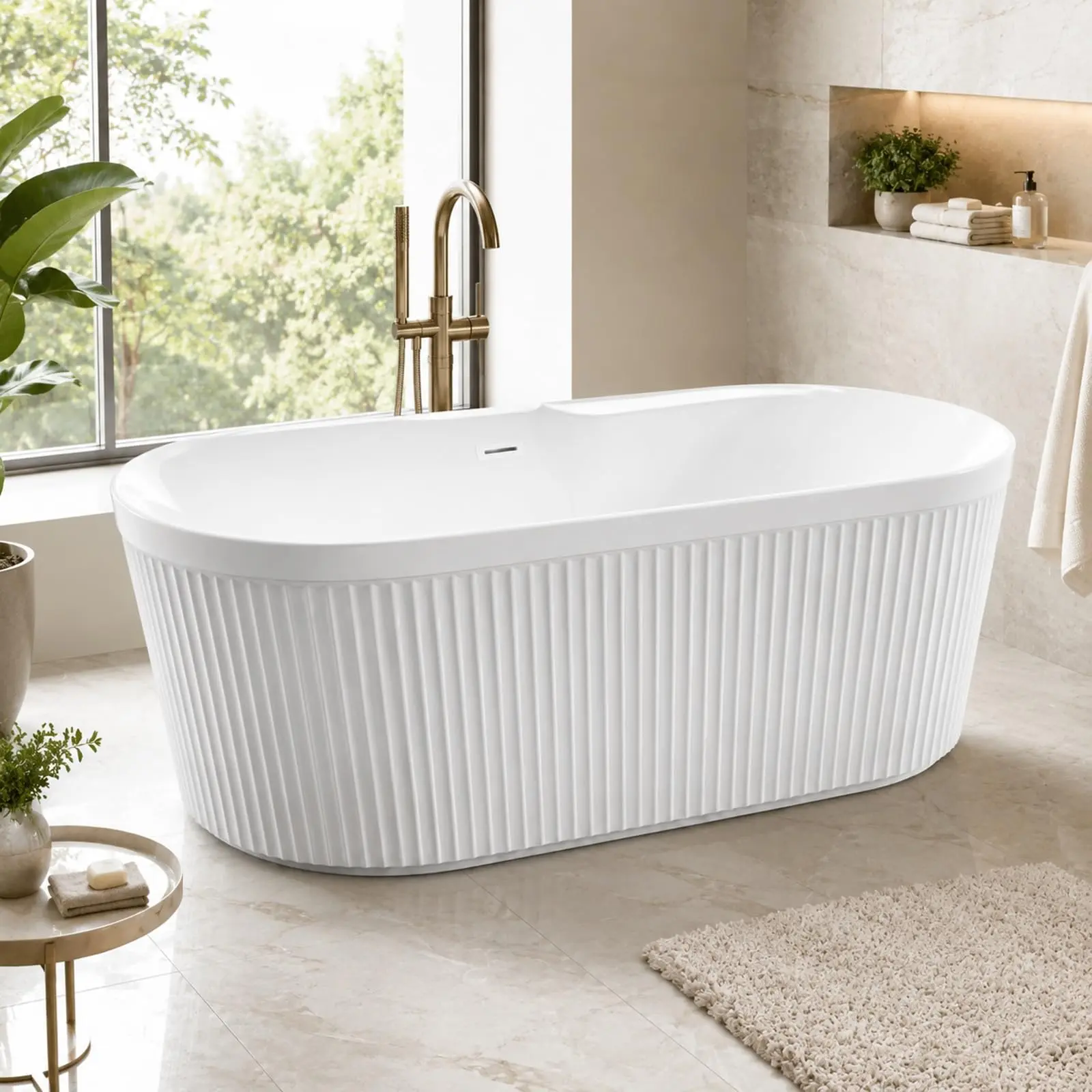 67 Inch Acrylic Freestanding Bathtub, Deep Soaking Tub | Gently Contoured Sloped Ends for Premium Back Comfort, White Acrylic Tub with Chrome Pop-up Drain