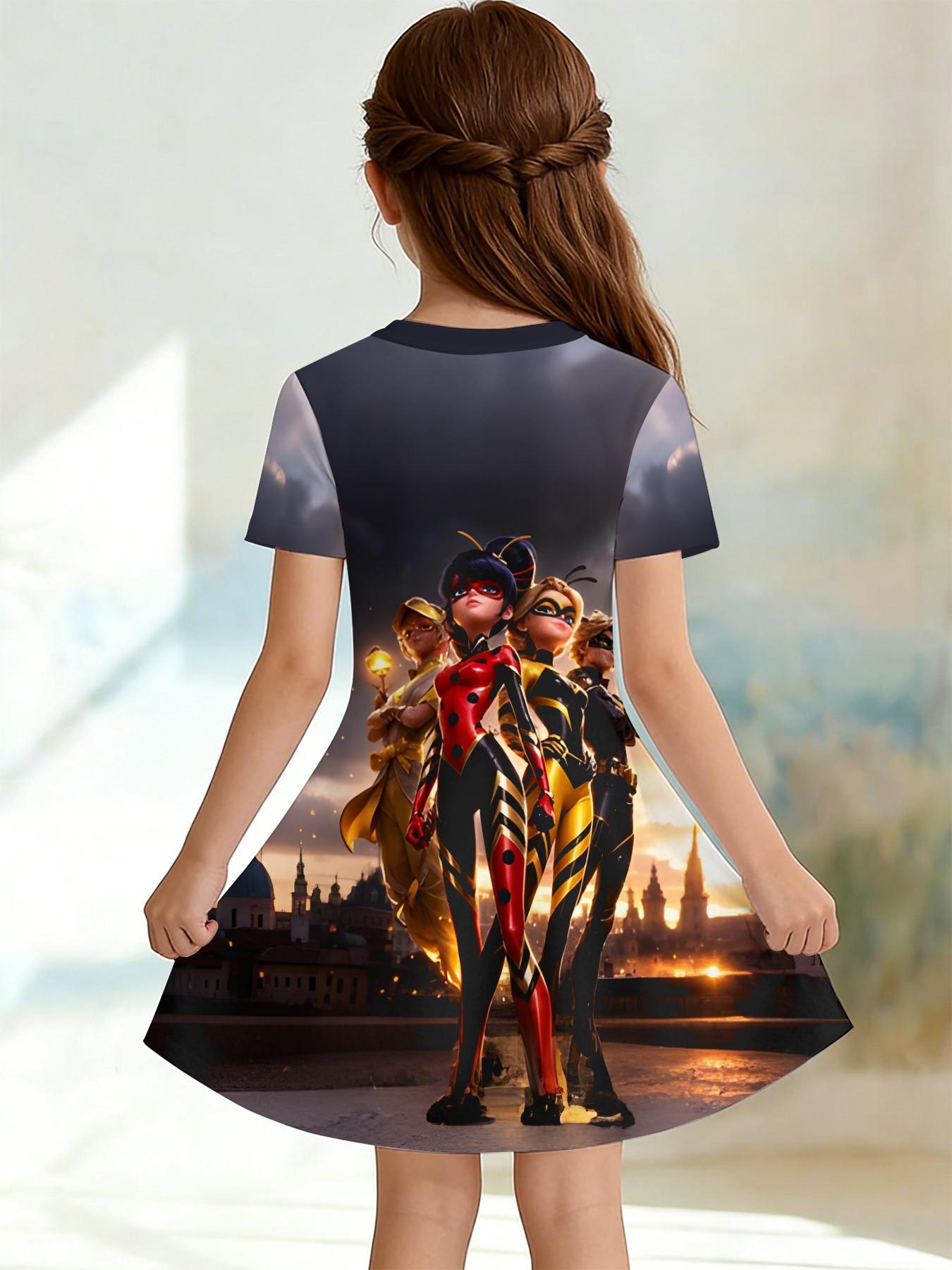 Girls' 3D Short Sleeve Dress, Miraculous Ladybug Full Print, Perfect for Parties, Festive Gifts, Birthday Presents, Casual Style