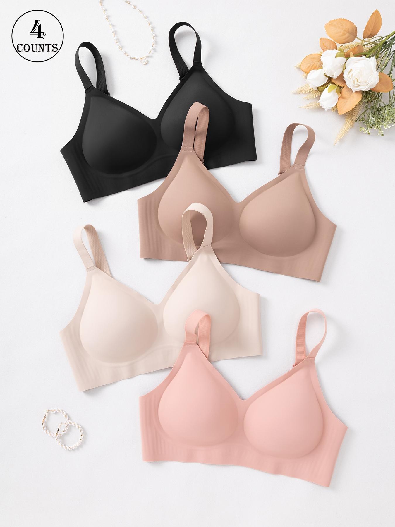 4 piece set solid color women's Wireless seamless bras with hook and adjustable straps, no underwire support for a gathered back, comfortable, breathable, skin-friendly, soft, daily casual sexy lift underwear