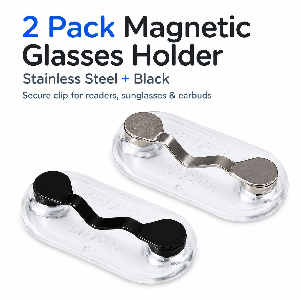 2 Pack Magnetic Glasses Holder Clip, Stainless Steel Black Eyeglass Fastener, Strong Magnetic Storage Clip for Reading Glasses, Sunglasses, Blue Light Eyewear, Safety Glasses and Earphones, Hands Free Portable Daily Accessory, Made in USA