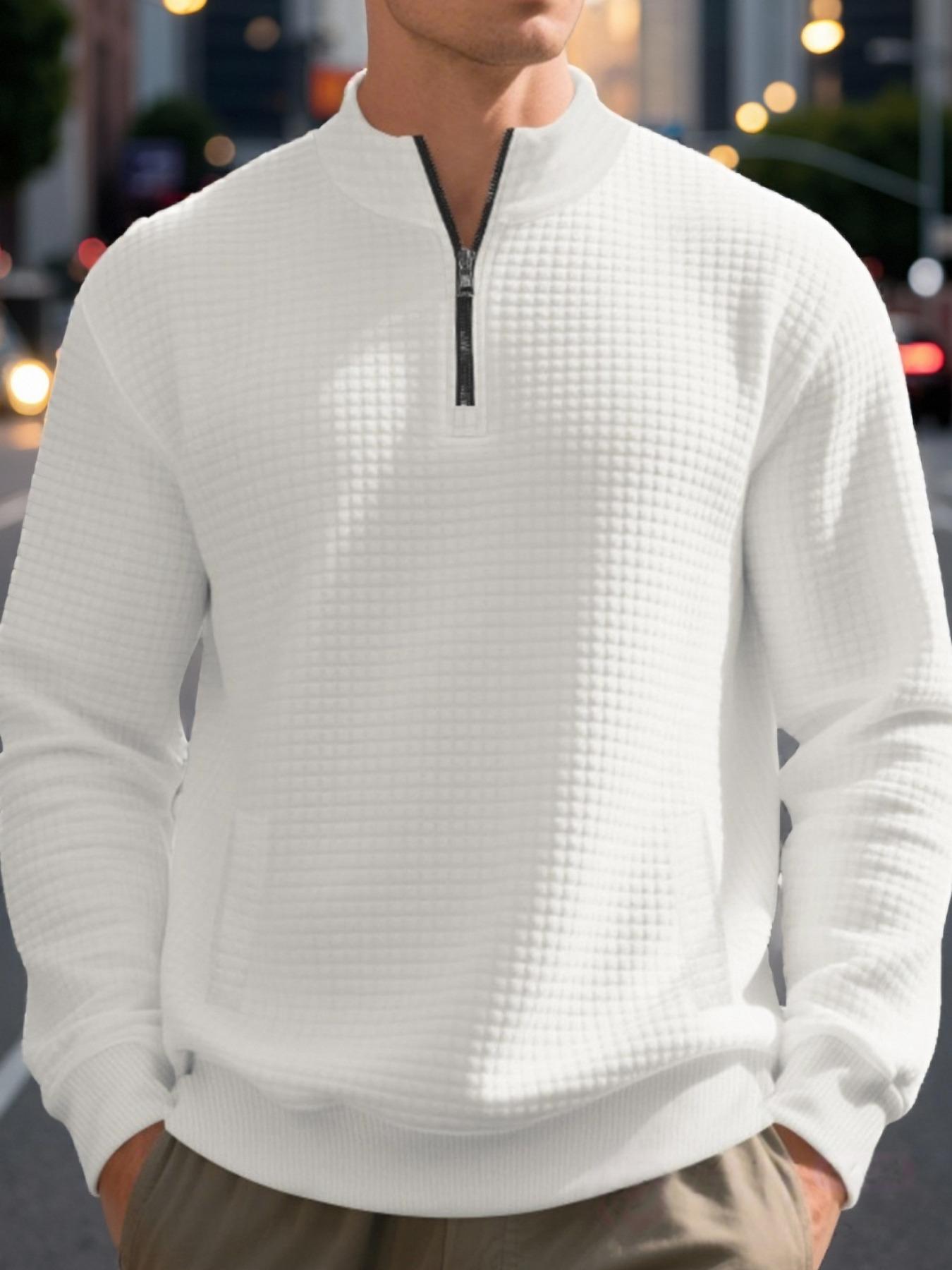 Heavyweight small checkered simple and casual men's loose stand-up collar semi-high collar quarter zipper long-sleeved base layer sweatshirt, warm and soft fabric, suitable for daily casual and outdoor sports occasions,gifts for him boyfriend christmas