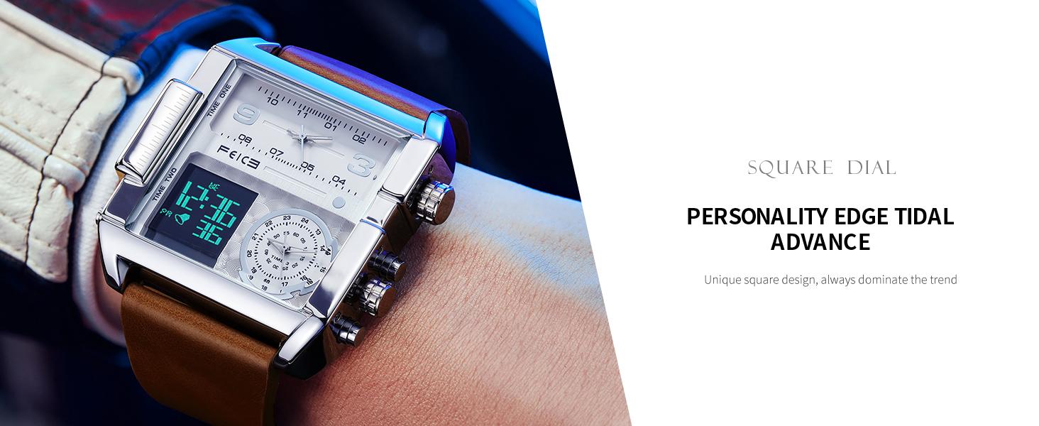FEICE Men's Square Sport Watch| 50mm Oversized Dial, Dual Movement, Men’s Waterproof Luminous Sport Watch in silver display