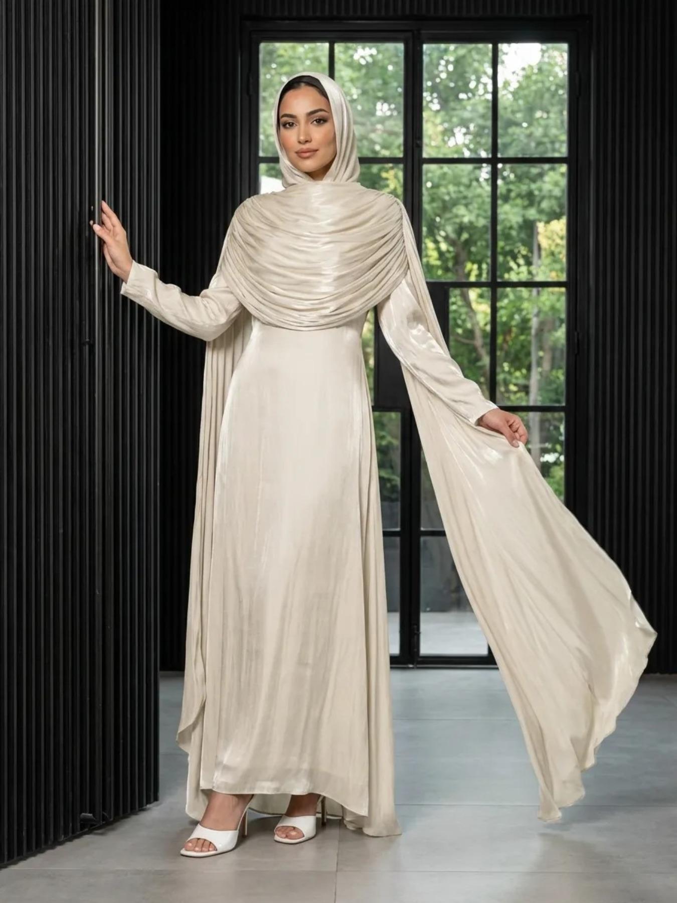 Elegant Pleated Cape Abaya Long Robe, Fashionable Light-Reflective Party Dress, Modest Style Dress, Muslim Evening Elegant Pleated Cape Abaya Long Robe, Fashionable Light-Reflective Party Dress, Modest Style Dress, Muslim Evening