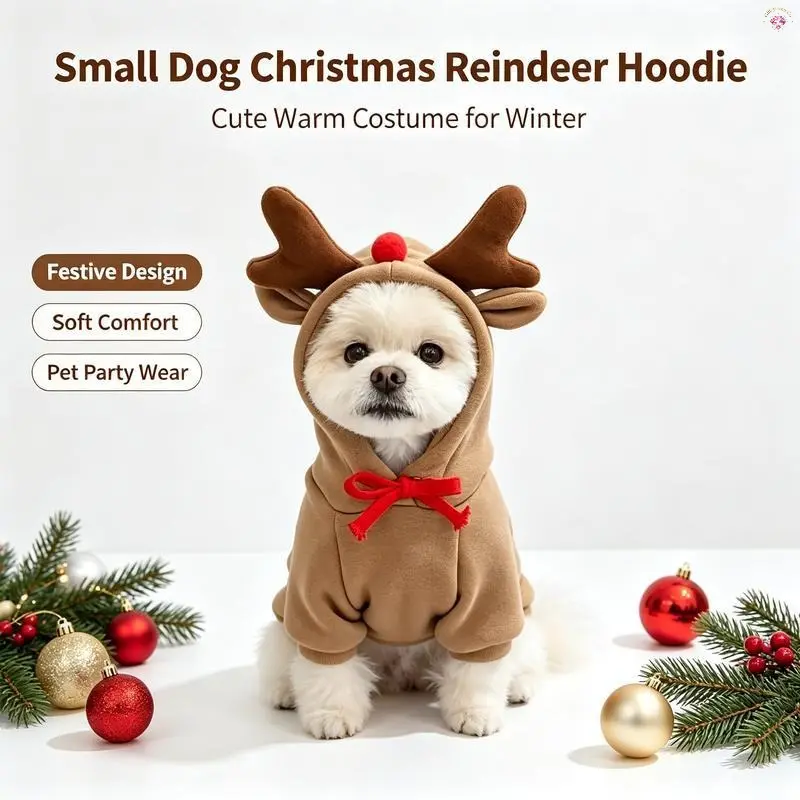 Christmas Reindeer Dog Hoodie Costume, Warm Winter Festive Pet Outfit ...