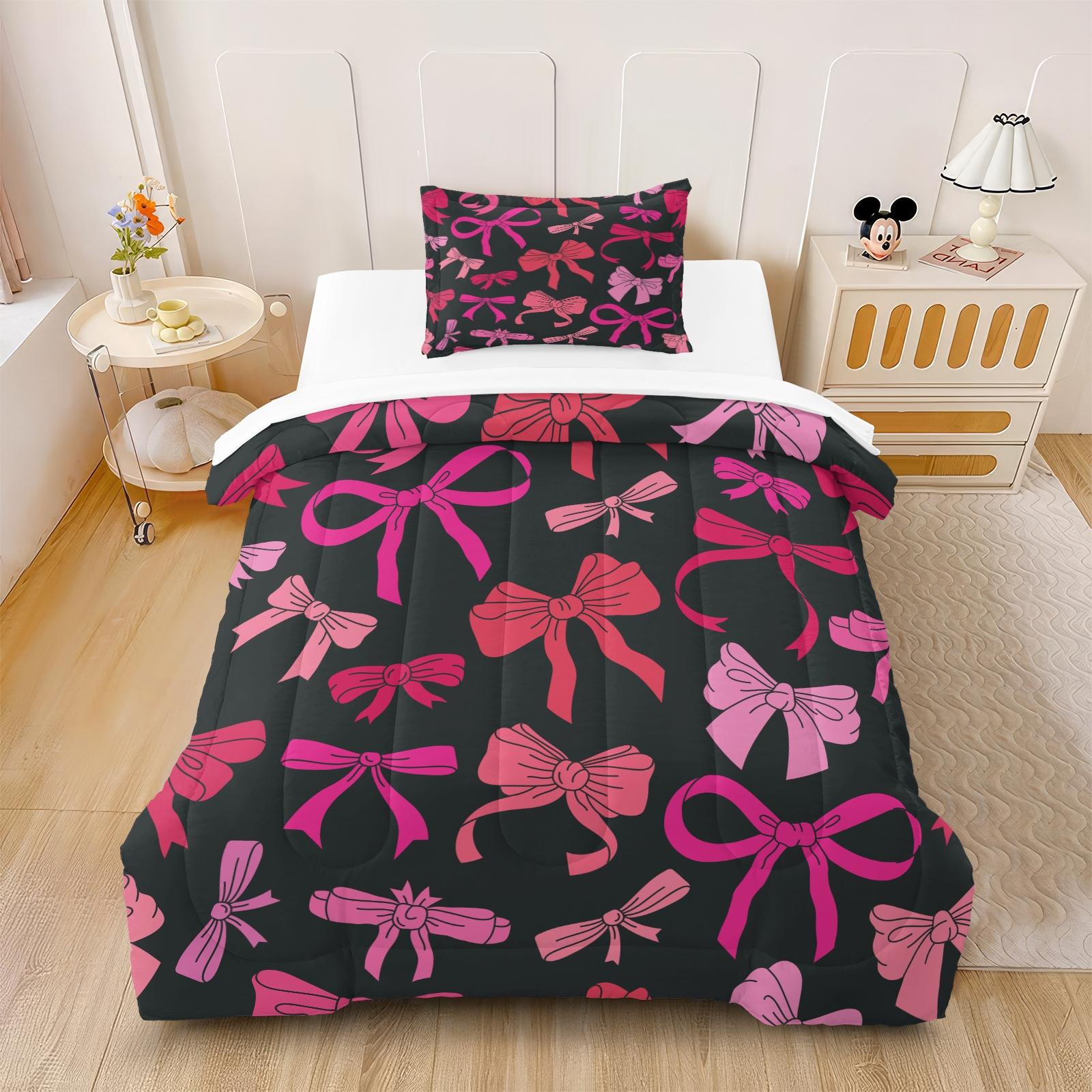2/3 Pcs Coquette Pink Bow Print Comforter Set, Cute Y2K Aesthetic Bedding Set, Soft Warm Breathable & Fade Resistant Digital Print, Ideal for Girls Bedroom Dorm Guest Room Decor, All Season Use - Without Pillow Insert