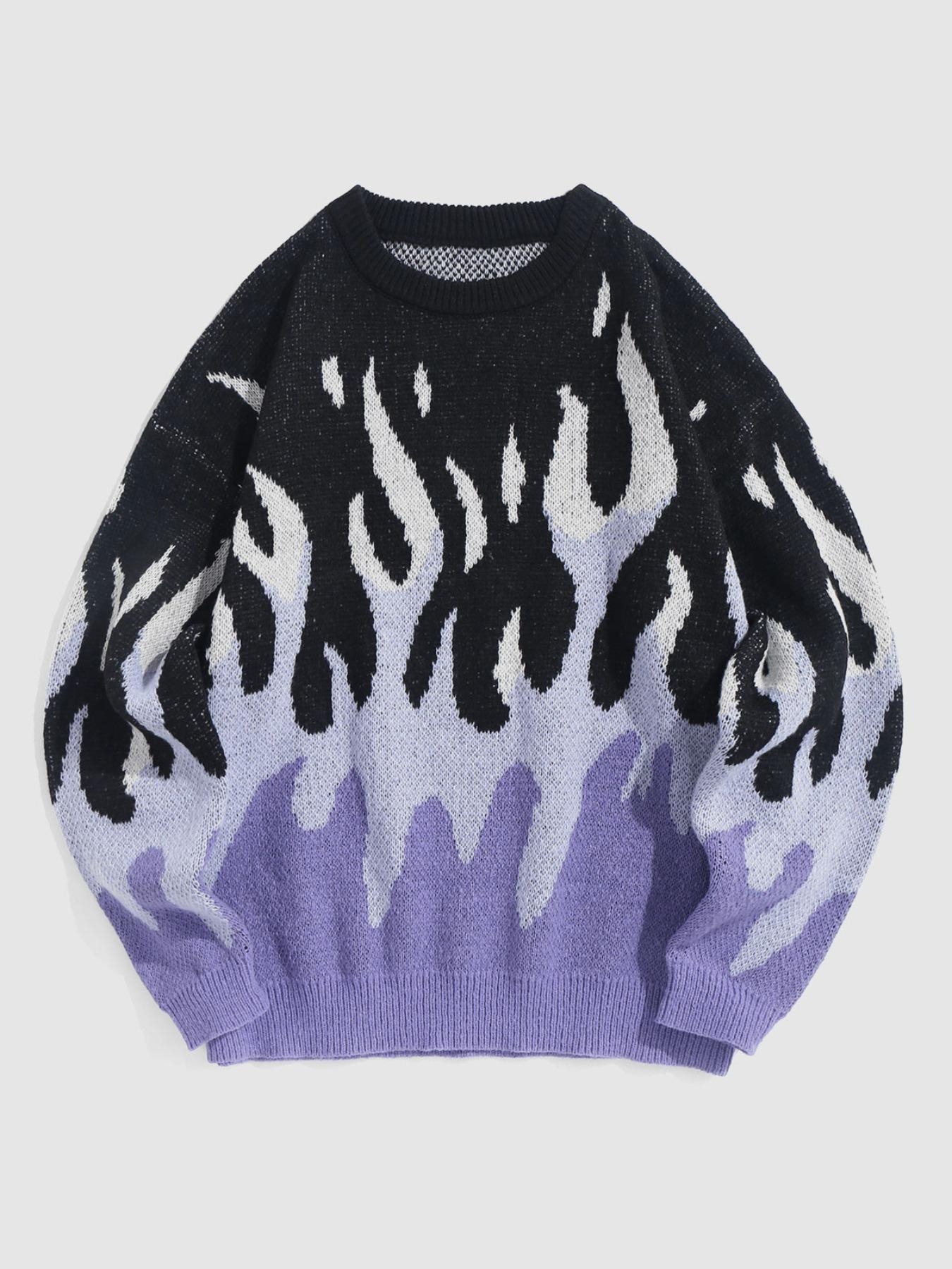 ZAFUL Men's Fall Winter Flame Pattern High Stretch Crew Neck Long Sleeve Sweater Ribbed Sweater Tops, Casual Loose Fit Knitwear for Men, Comfortable Daily Wear