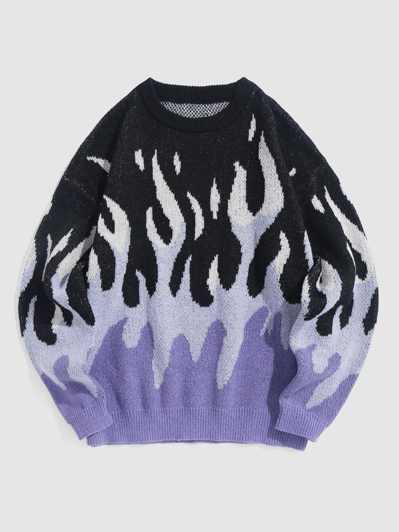 ZAFUL Men's Fall Winter Flame Pattern High Stretch Crew Neck Long Sleeve Sweater Ribbed Sweater Tops, Casual Loose Fit Knitwear for Men, Comfortable Daily Wear