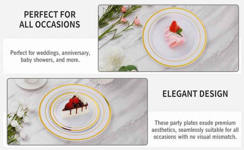 Goodluck 200PCS Gold Plastic Plates Heavy Duty Disposable BPA-Free Thick Plates for Parties Weddings Holidays & More 100 Dinner 100 Salad Dessert Plates Gold-trimmed Elegant Design