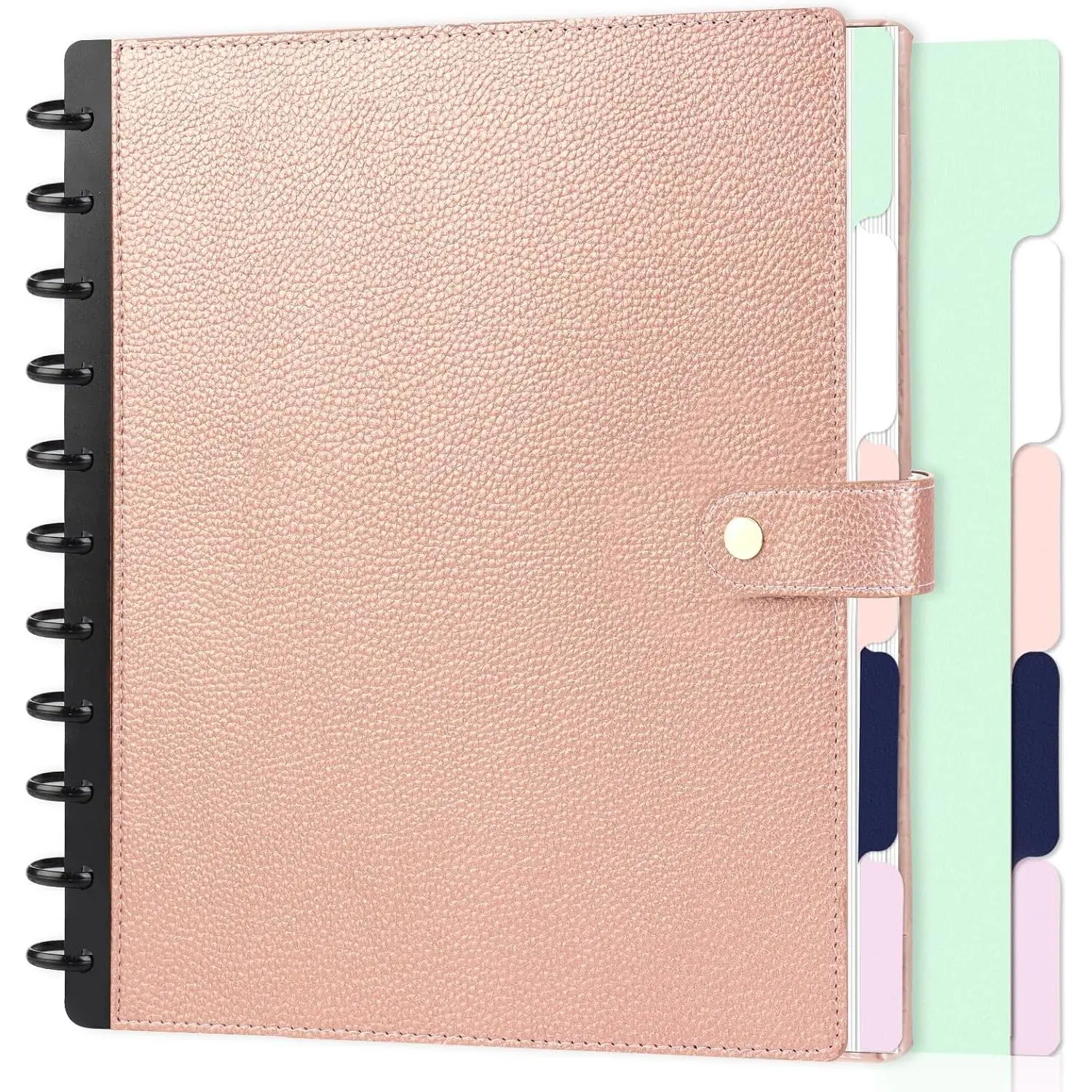 PU Leather Discbound Notebook 8.5" x 11" Disc Bound Planner Supplies with Discs 5 Tab Note Dividers & 60 Pages Wide Ruled Disc Planner for Work Travel Note Taking (Letter Size,Rose Gold)