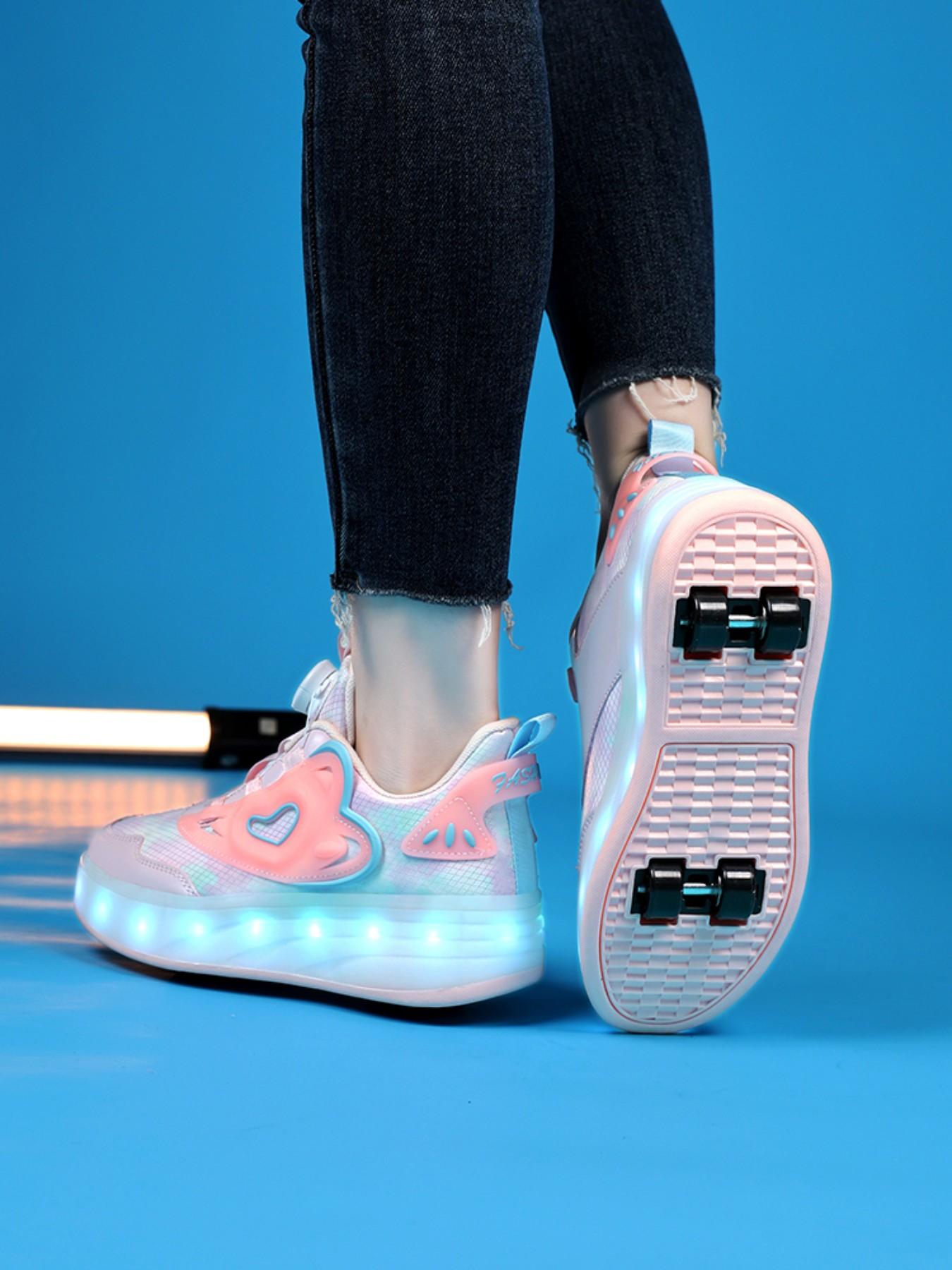 Girls' Walking Shoes with Rotating Buckle, Night Glow Color Changing LED Lights, Waterproof Leather, USB Rechargeable, Detachable Wheels, Trendy Trainers