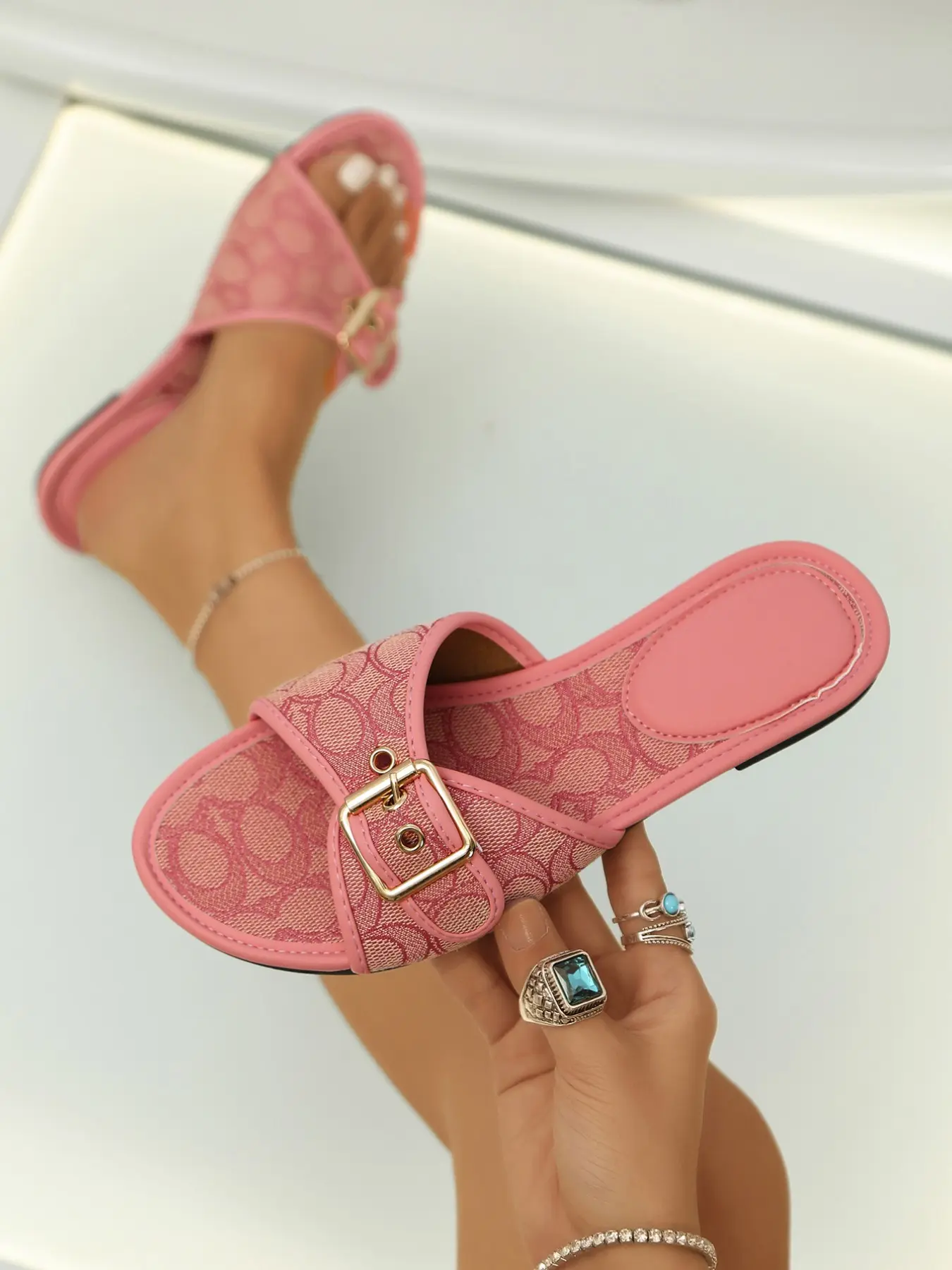Rhinestone slide sandals with tan trim & flat comfy sole, casual summer sandals versatile for daily commuting and holiday matching all outfits easily, Chic Summer Footwear