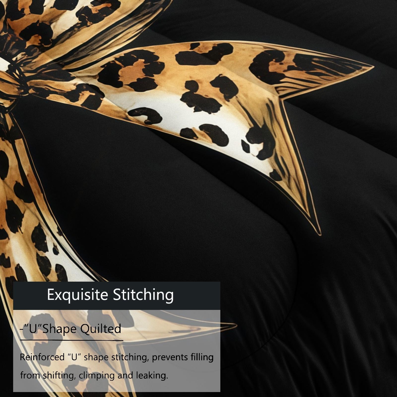 Leopard Print Bow Pattern Comforter Set, Soft And Durable Bedding Set, Including 1 Comforter And 1 Or 2 Pillowcases, Suitable For Children And Adults Daily Holiday Birthday Gifts Bedroom Decorations, Soft Bedding Sets