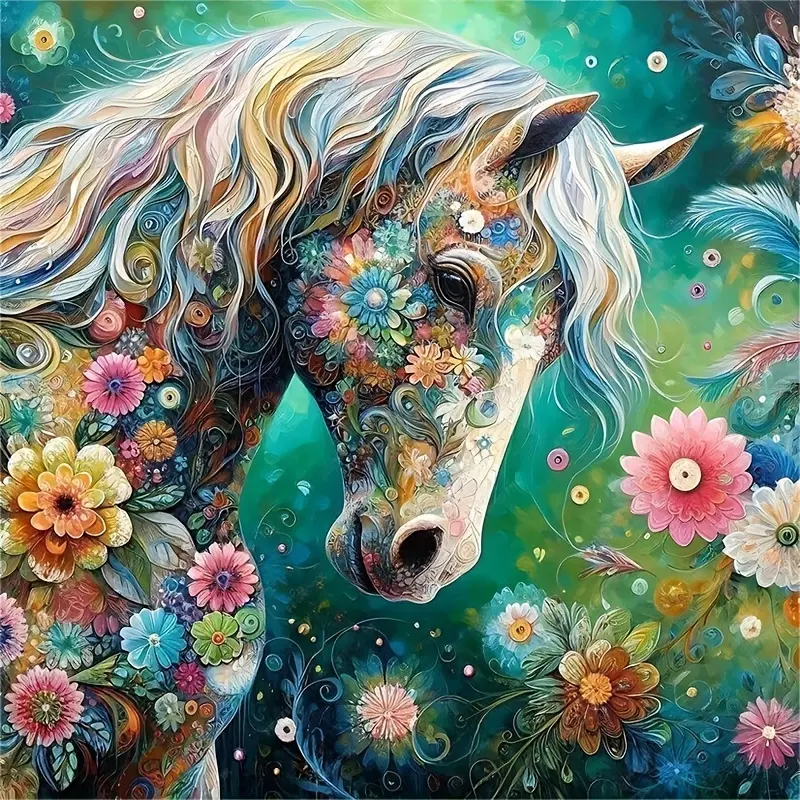 5D Full Drill Diamond Painting Kit, Colorful Boho Floral Pattern Horse Diamond Art, DIY Handmade Wall Decor Gift for Adults Beginners & Boho Animal Art Lovers