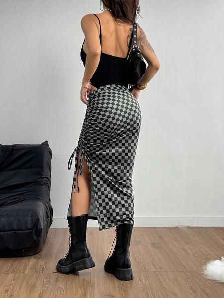 Valentine's Day Women's Plaid Drawstring Waist Skirt, Casual Sporty Split Design, Slim Fit Half-Length Skirt for Daily Wear & Outdoor Activities