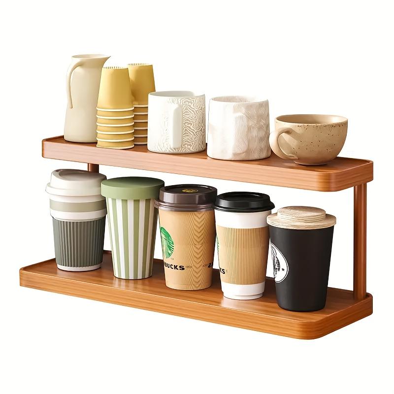 A multi-layer coffee cup rack | Wooden smooth surface storage rack, suitable for kitchen, living room, desk, small potted plant placement, floor-standing shelf, Beverage Organizer