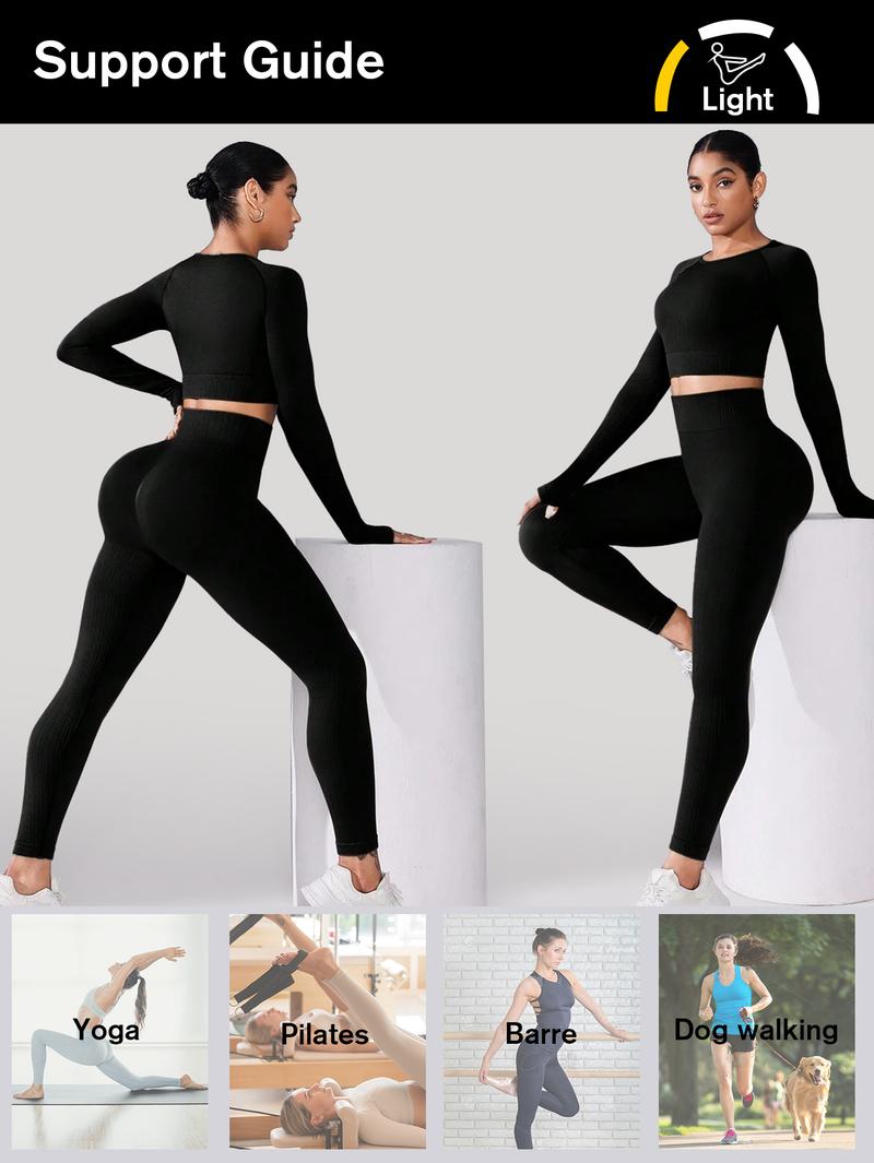 Women's Solid Backless Tracksuit Set Sleeves and Long Pants High-Waisted Tight Yoga Pants Long Sets