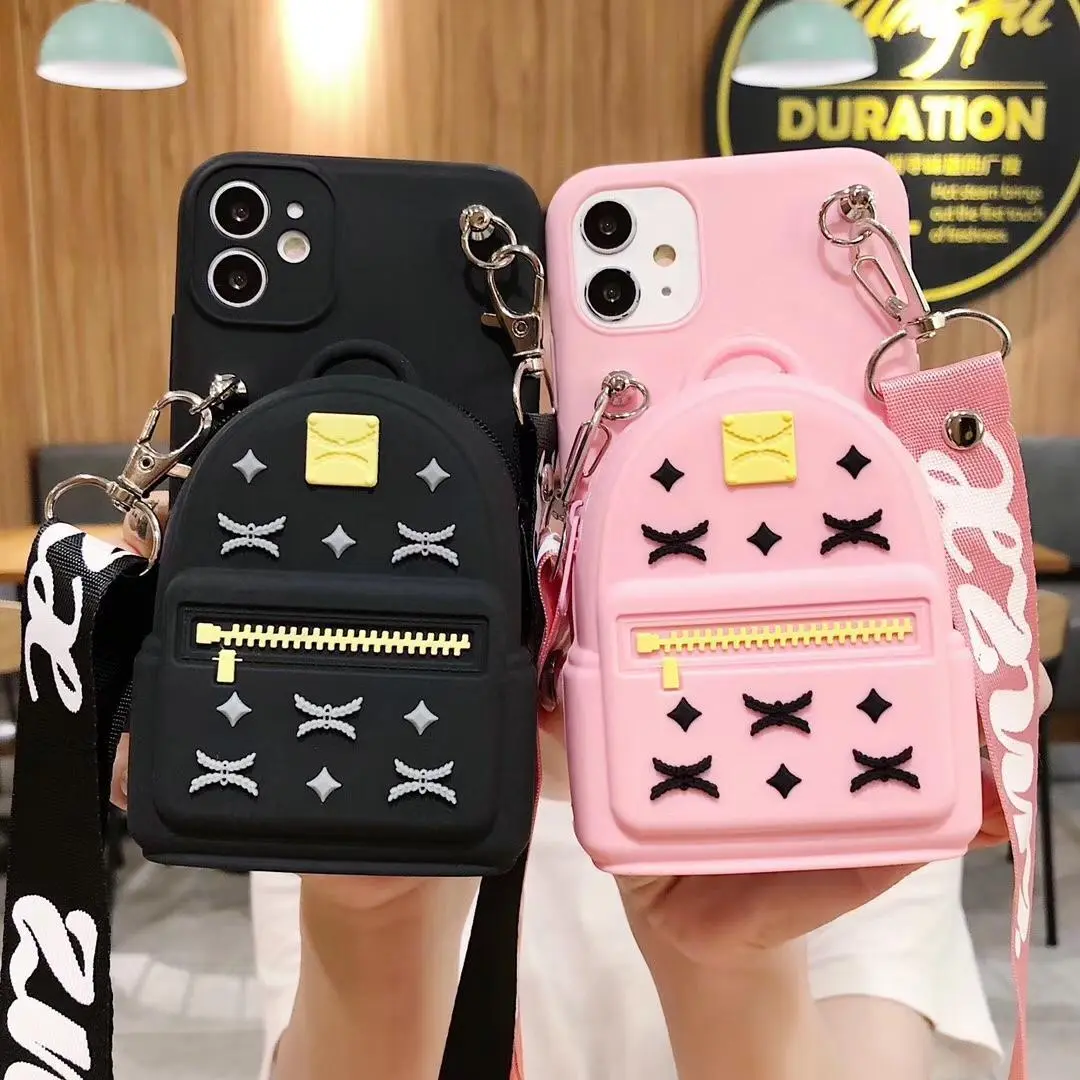 Soft Silicone-TPU 3D Wallet Phone Case with Crossbody Lanyard Strap, Cute Print Accessories for iPhone 15 Plus, 14 Pro Max, 13, 12 Mini, 11, Crossbody Strap