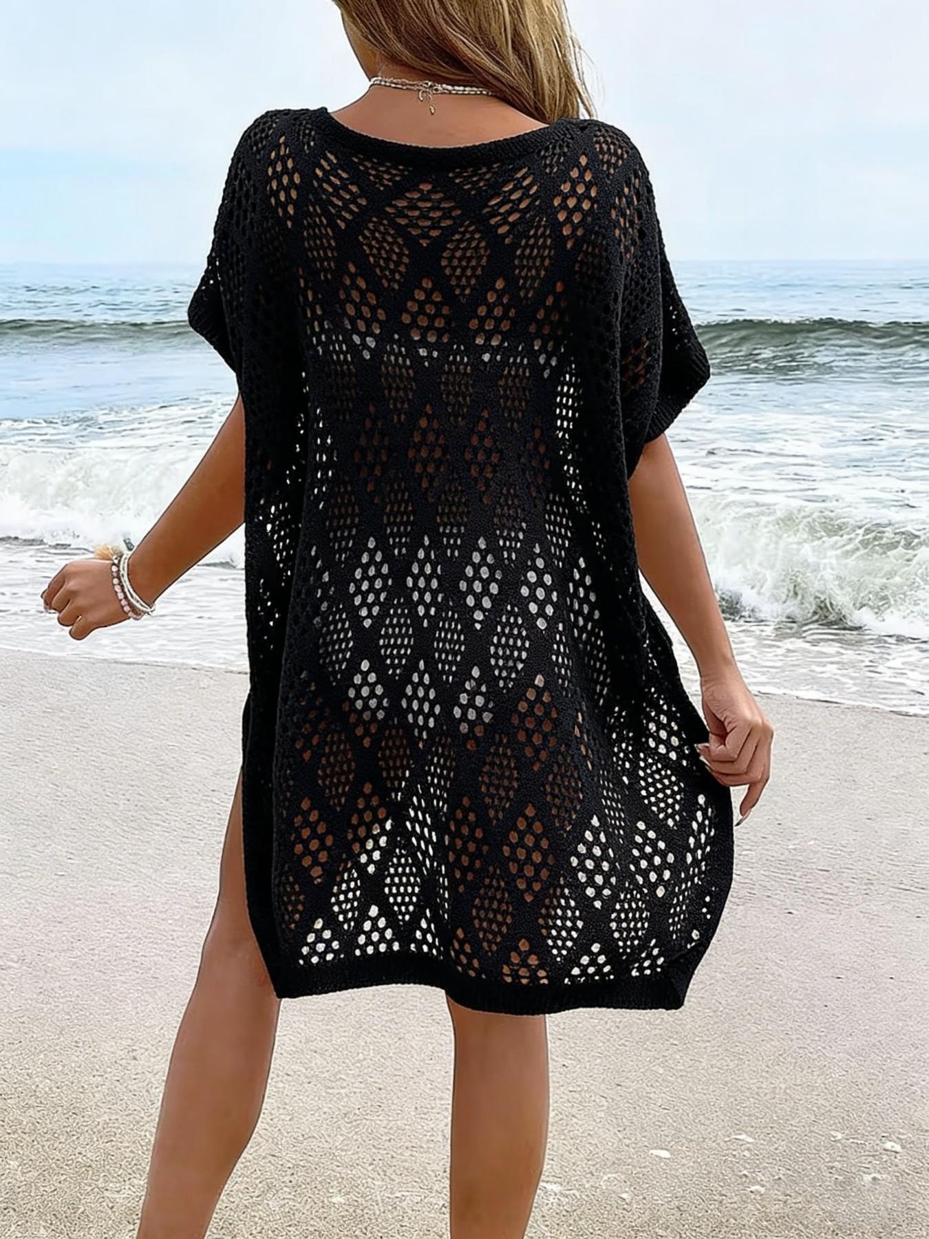 Elegant V Neck Crochet Beach Dress, Sexy Elastic Acrylic Hoodie, Side Slit, Spring Summer Fall, Vacation