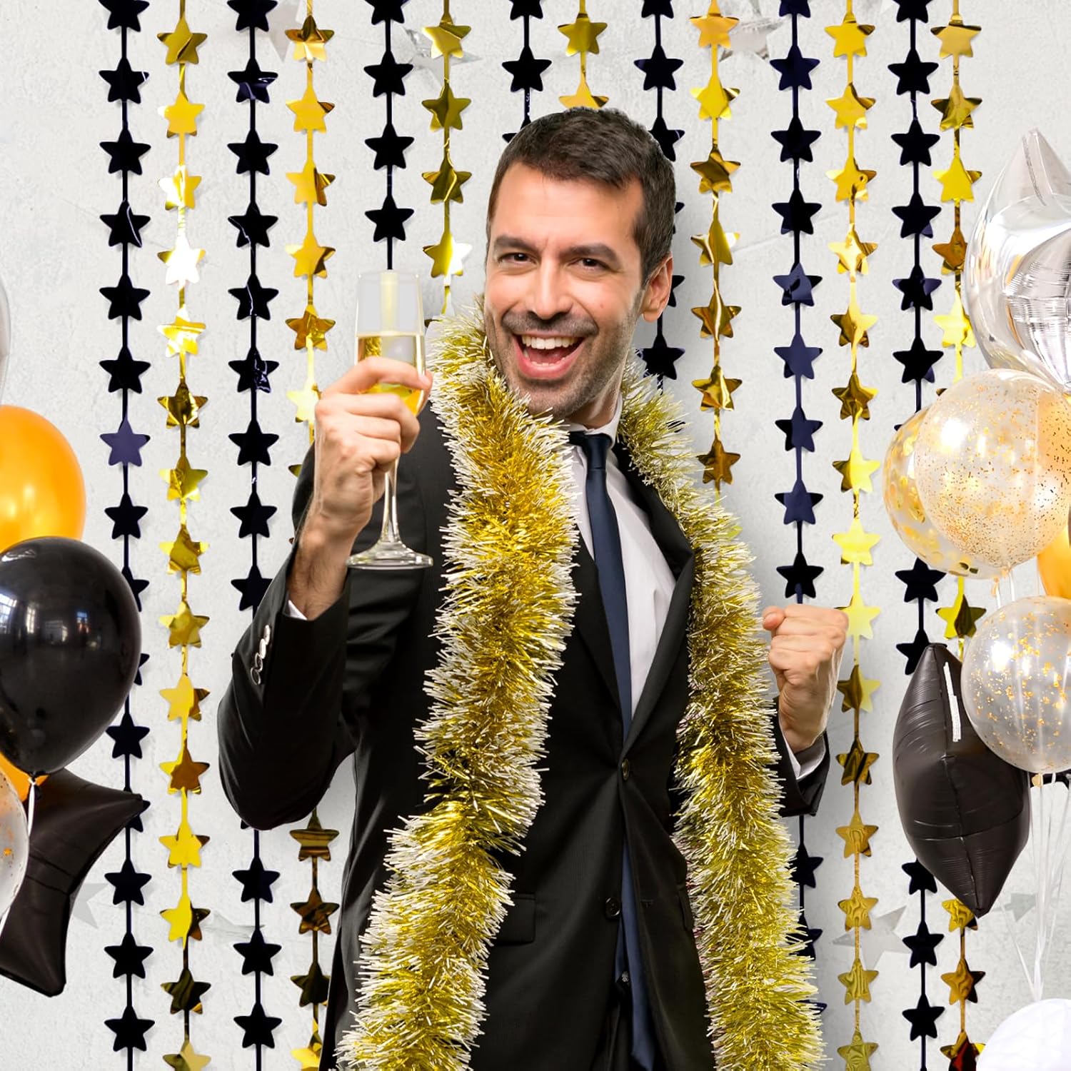 Black and   Birthday Party Decorations Graduation Decorations 2026, 2 Pack 3.3X6.6 ft Photo Booth Props Backdrop Streamers  Foil Fringe Curtains for Black Yellow Party Supplies