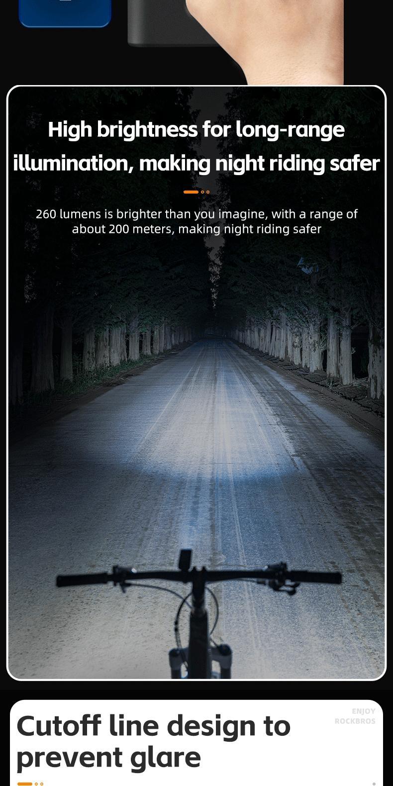 ROCKBROS Bike Light 260 Lumen IPX4 Waterproof Front Light 1500mAh Intelligent Light Sensing Bicycle Accessories