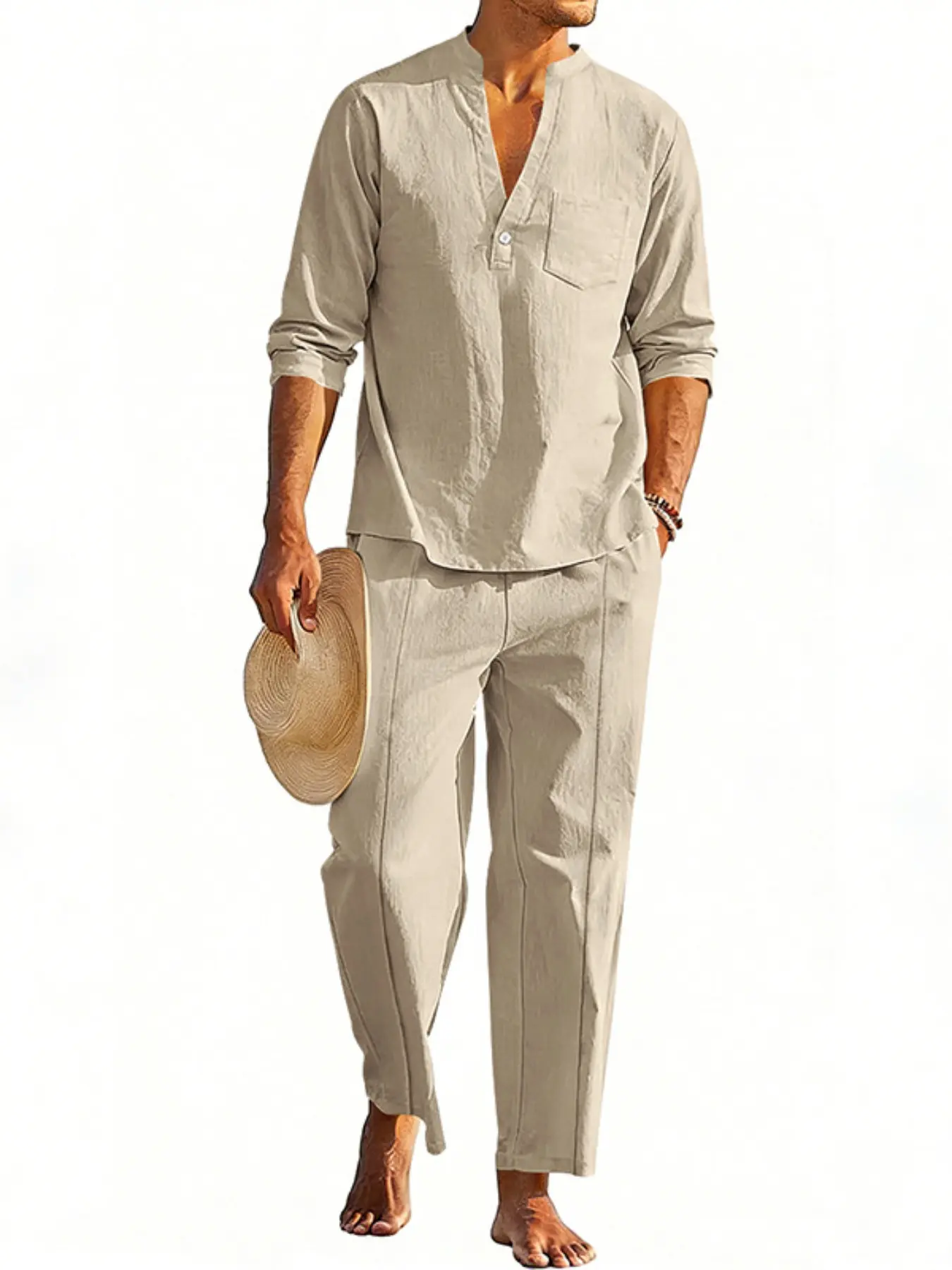 Men's Linen Two-Piece Set, Stand Collar Half-Open Long Sleeve Shirt with Elastic Straight Pants, Breathable Anti-Wrinkle, Multiple Colors