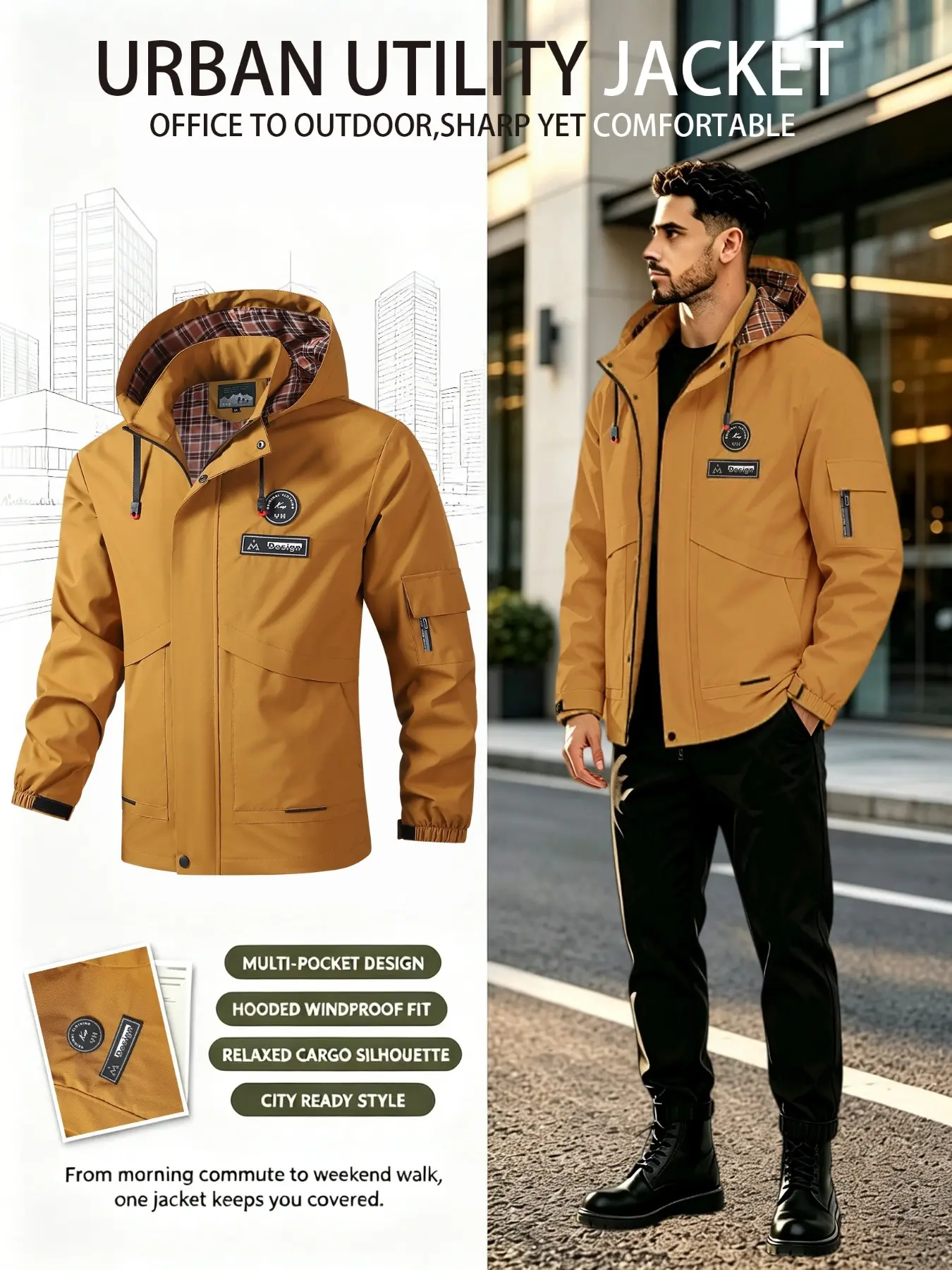 Men's outdoor jacket, softshell jacket, sports casual hooded windbreaker, warm workwear coat for hiking and mountaineering in autumn and winter, with large zippered pockets, comfortable hooded casual jacket for men