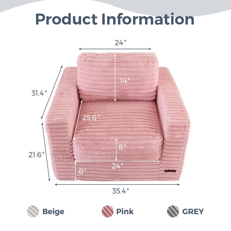 MAXYOYO Large Bean Bag Chair - Boneless Couch Convertible to Floor Sofa with Pillows & Armrests, Plush Sofa Couch for Bedroom & Living Room, Pink