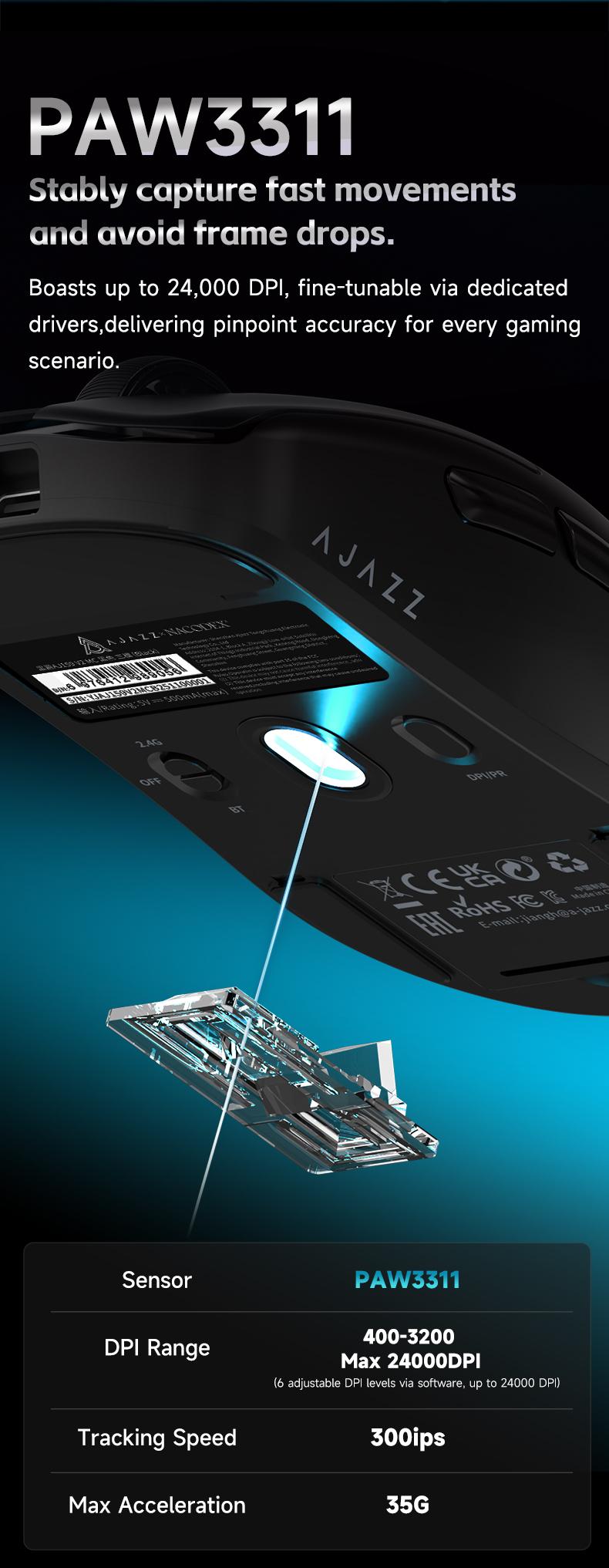 AJAZZ AJ159 V2 MC wireless game mouse battery replacement design the third mock examination computer office mouse PAW3311 sensor professional competitive driving game mouse DPI24000 supports multiple systems for games and office